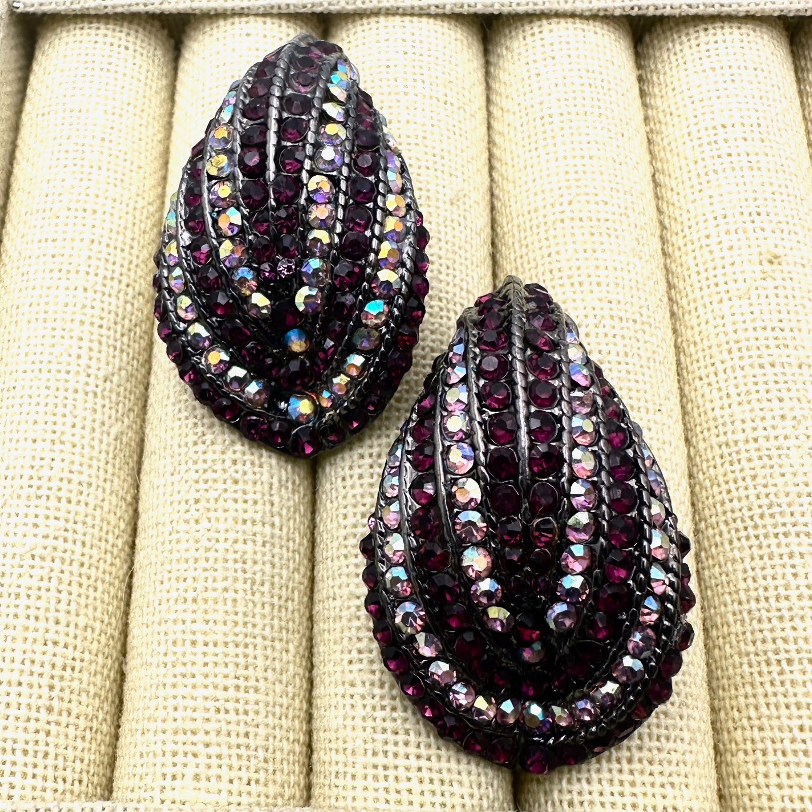 Purple Aurora Borealis Rhinestone Silver Tone Clip Earrings 1 3/4 Inch: Purple Aurora Borealis Rhinestone Silver Tone Clip Earrings 1 3/4 Inch