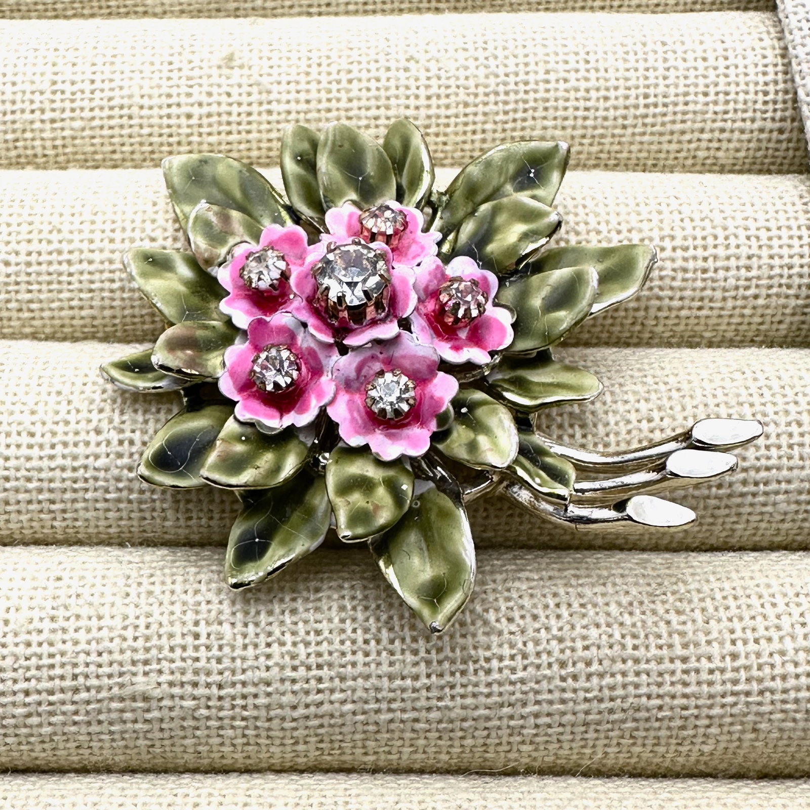 Vintage Coro Pink Enamel Flower Rhinestone Gold Tone Brooch Pin (1 of 2)
