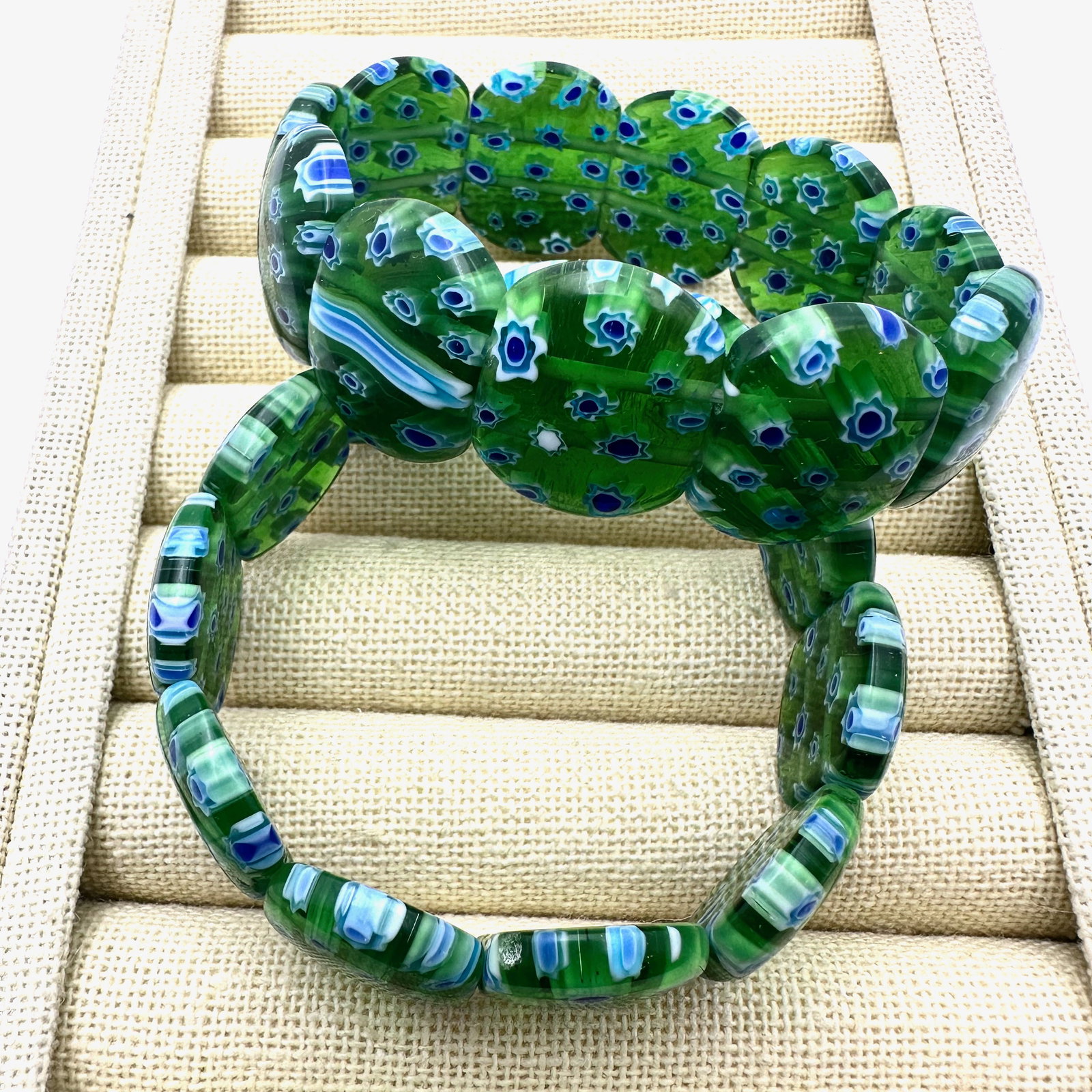 Pair of Italian Millefiori Glass Bracelets Blue White Green Adjustable Size (1 of 2)