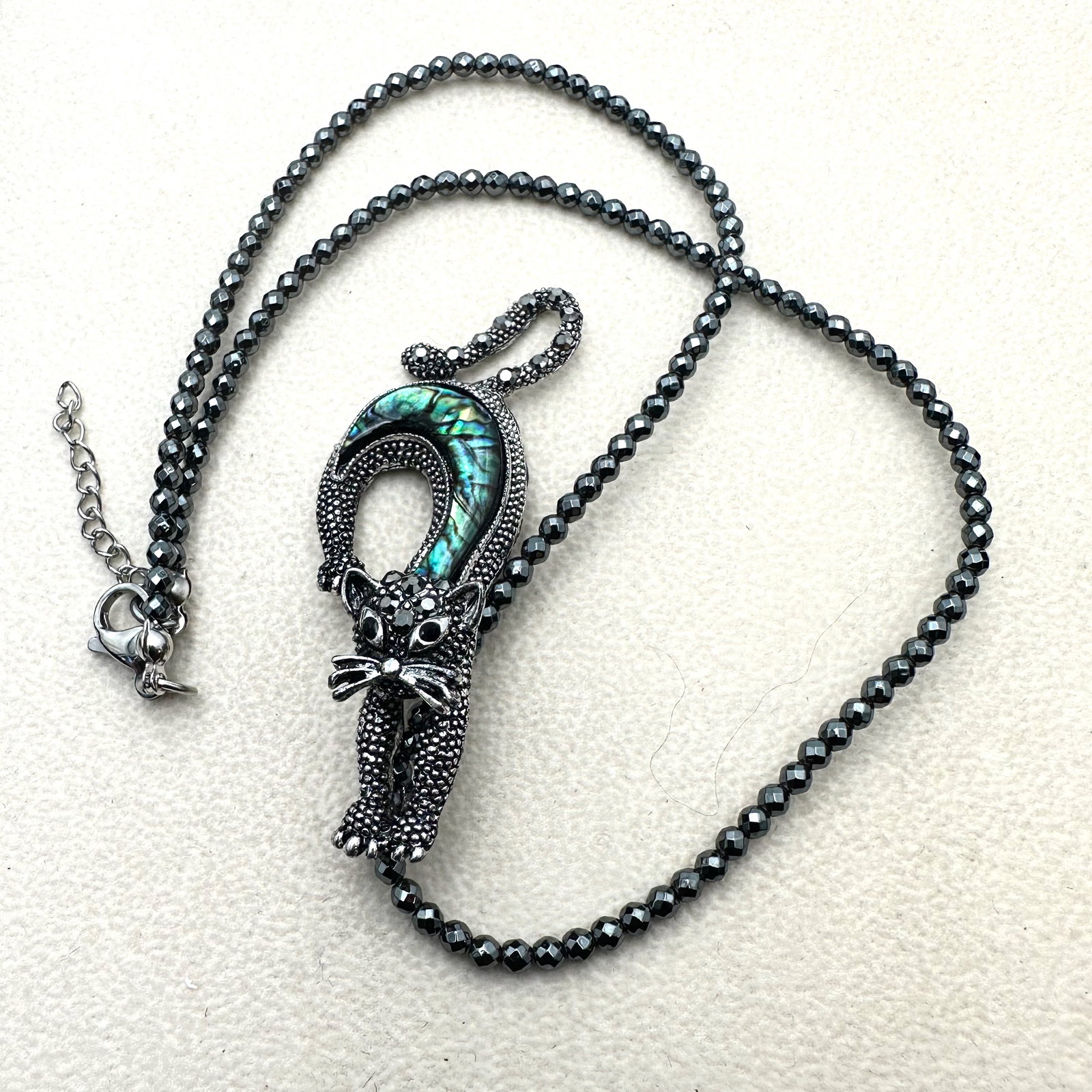 Abalone and Marcasite Silver Tone Cat Pendant Necklace (1 of 2)
