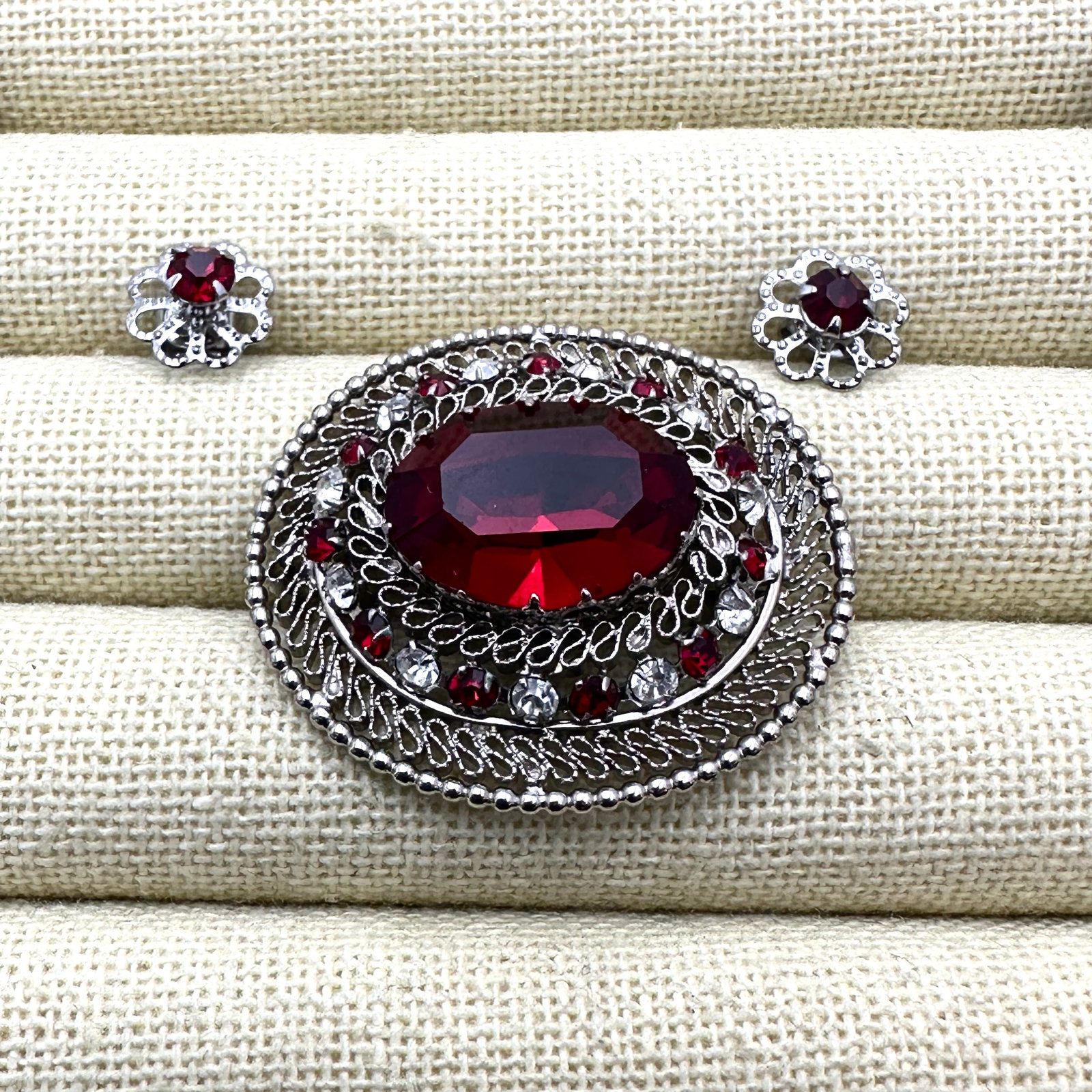 Vintage Made In Austria Red and Clear Glass Rhinestone Silver Tone Brooch Pin and Stud Earrings (1 of 2)