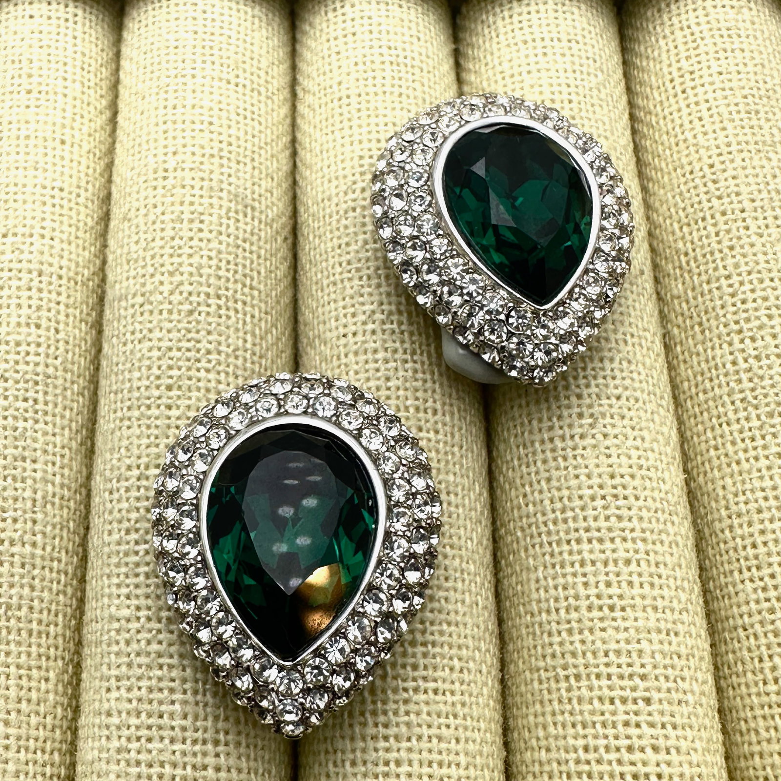 Vintage Ciner Green and Clear Rhinestone Silver Tone Clip Earrings (1 of 2)