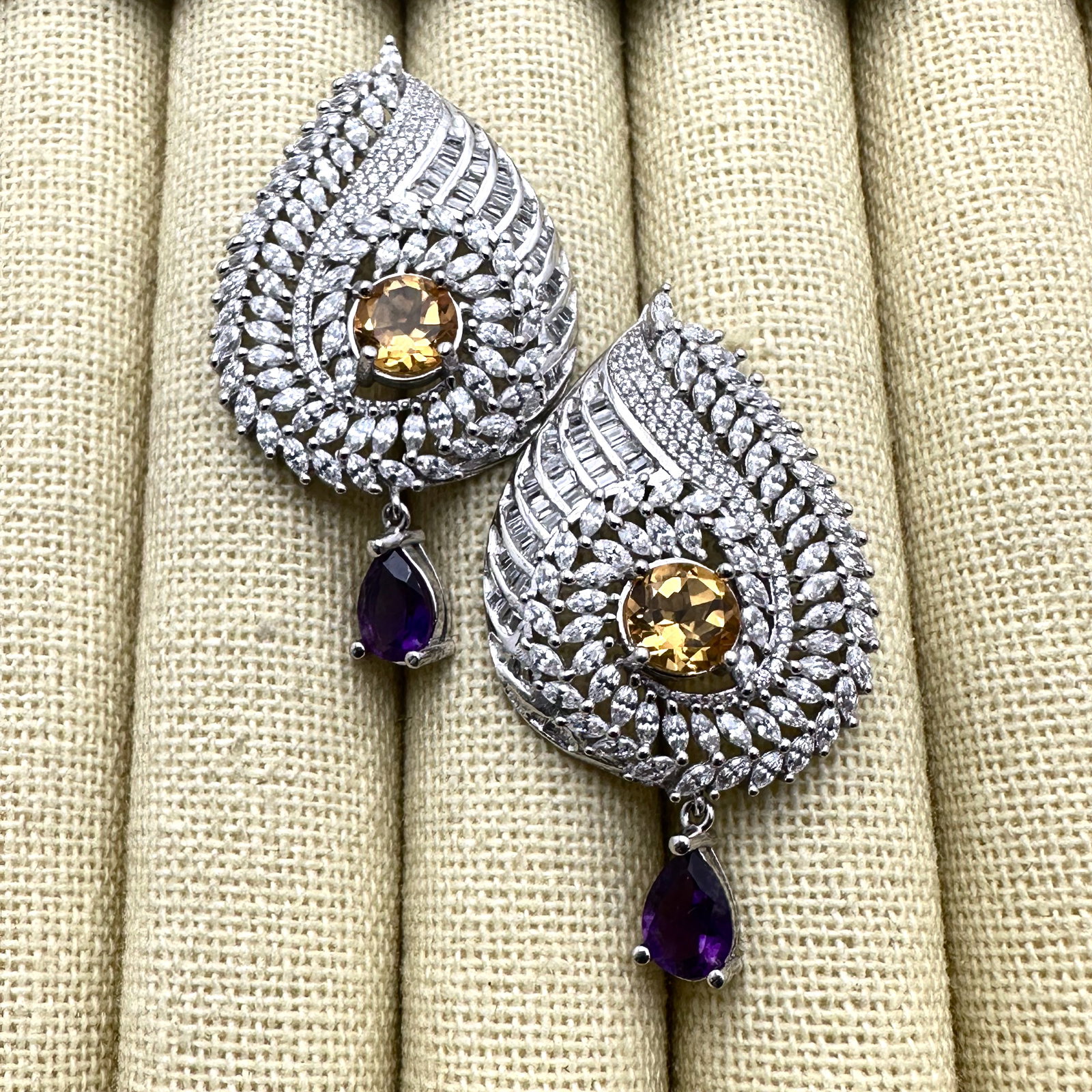 Rhodium Plated Sterling Silver Crystal Pierced Earrings 1.75 Inch Length (1 of 2)