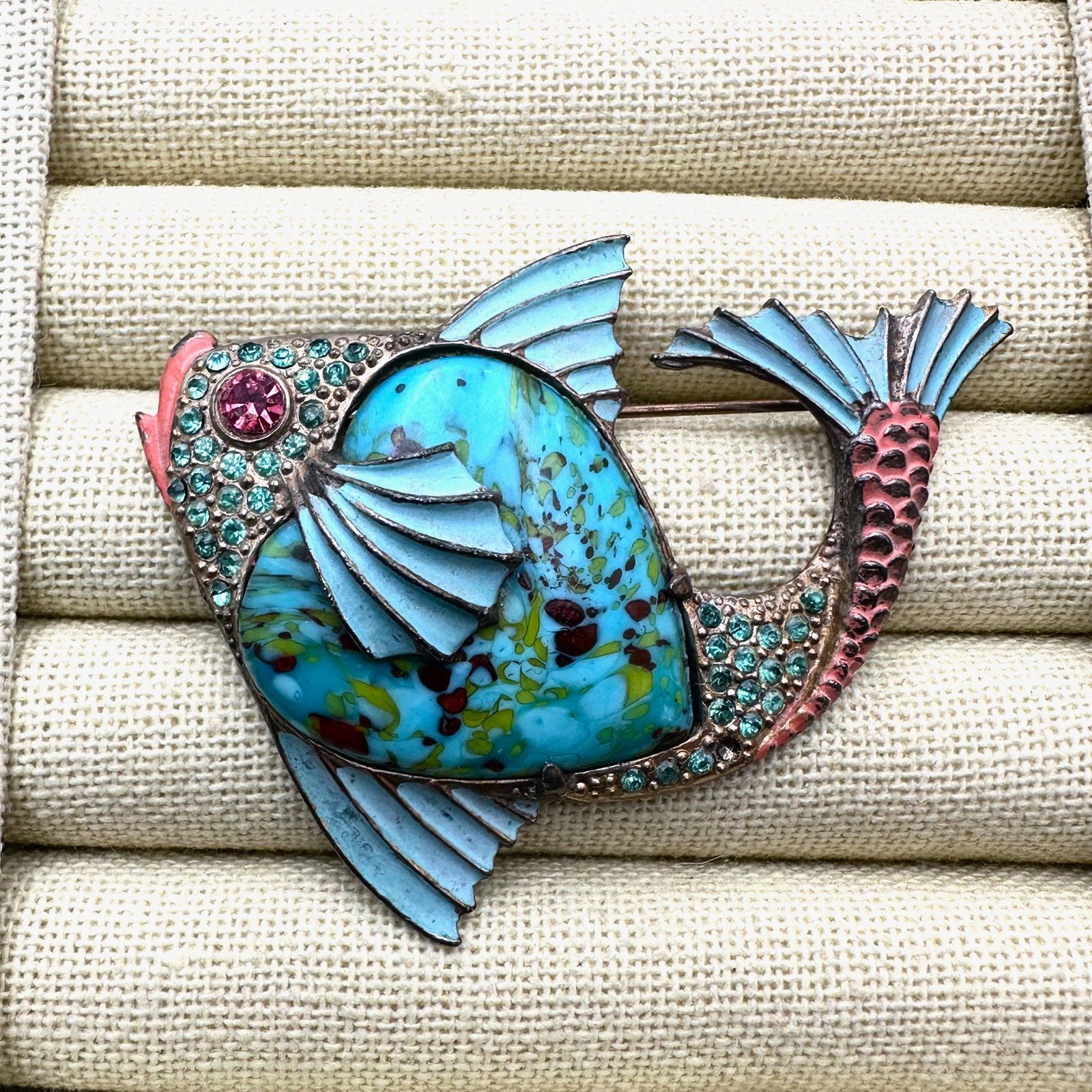 Vintage Art Glass Belly Enamel Rhinestone Pot Metal Fish Brooch Pin 2.5 Inch Unusual (1 of 2)