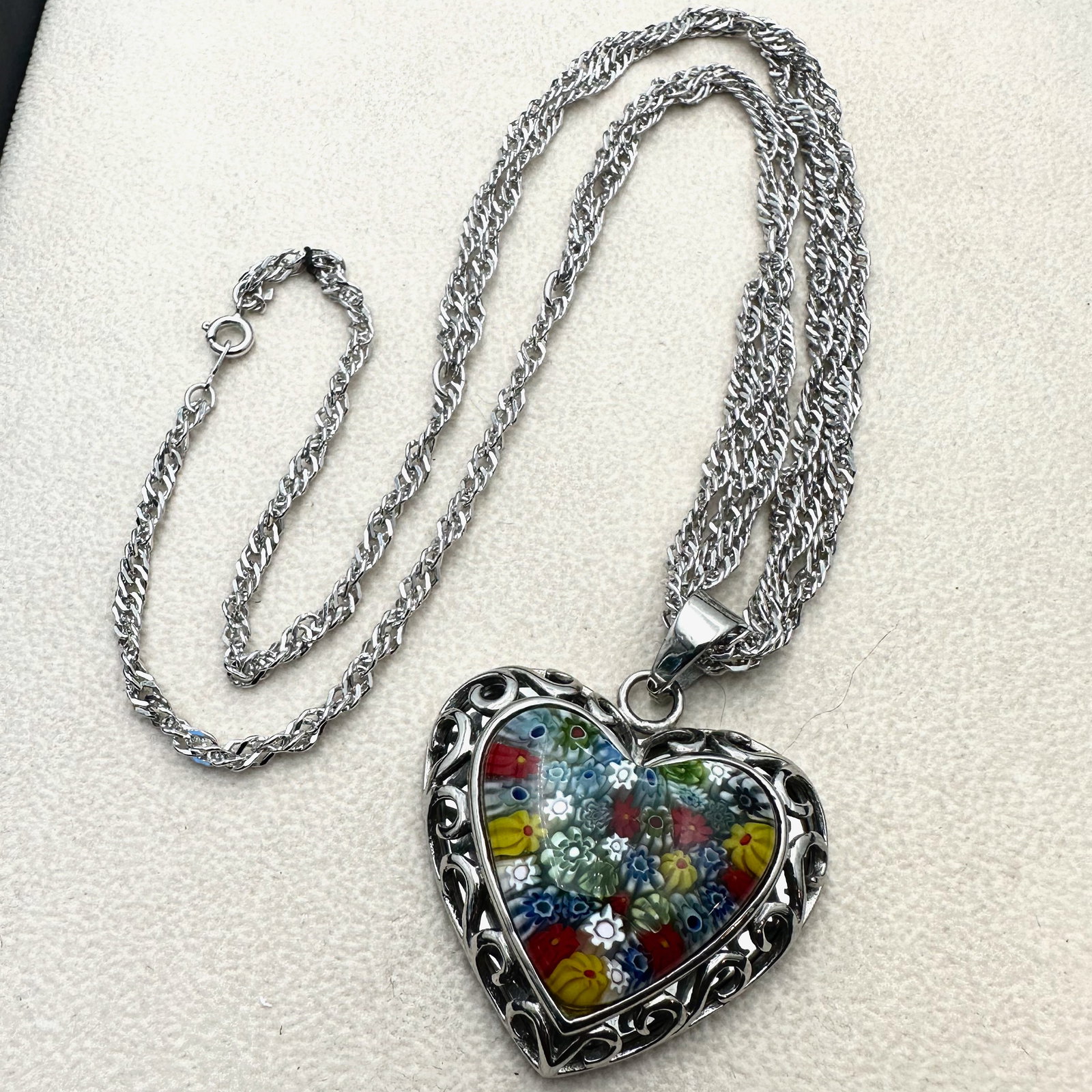 Millefiori Glass Heart 2 Inch Pendant Necklace Silver Tone Trifari Chain 24 Inch Length: Millefiori Glass Heart 2 Inch Pendant Necklace Silver Tone Trifari Chain 24 Inch Length