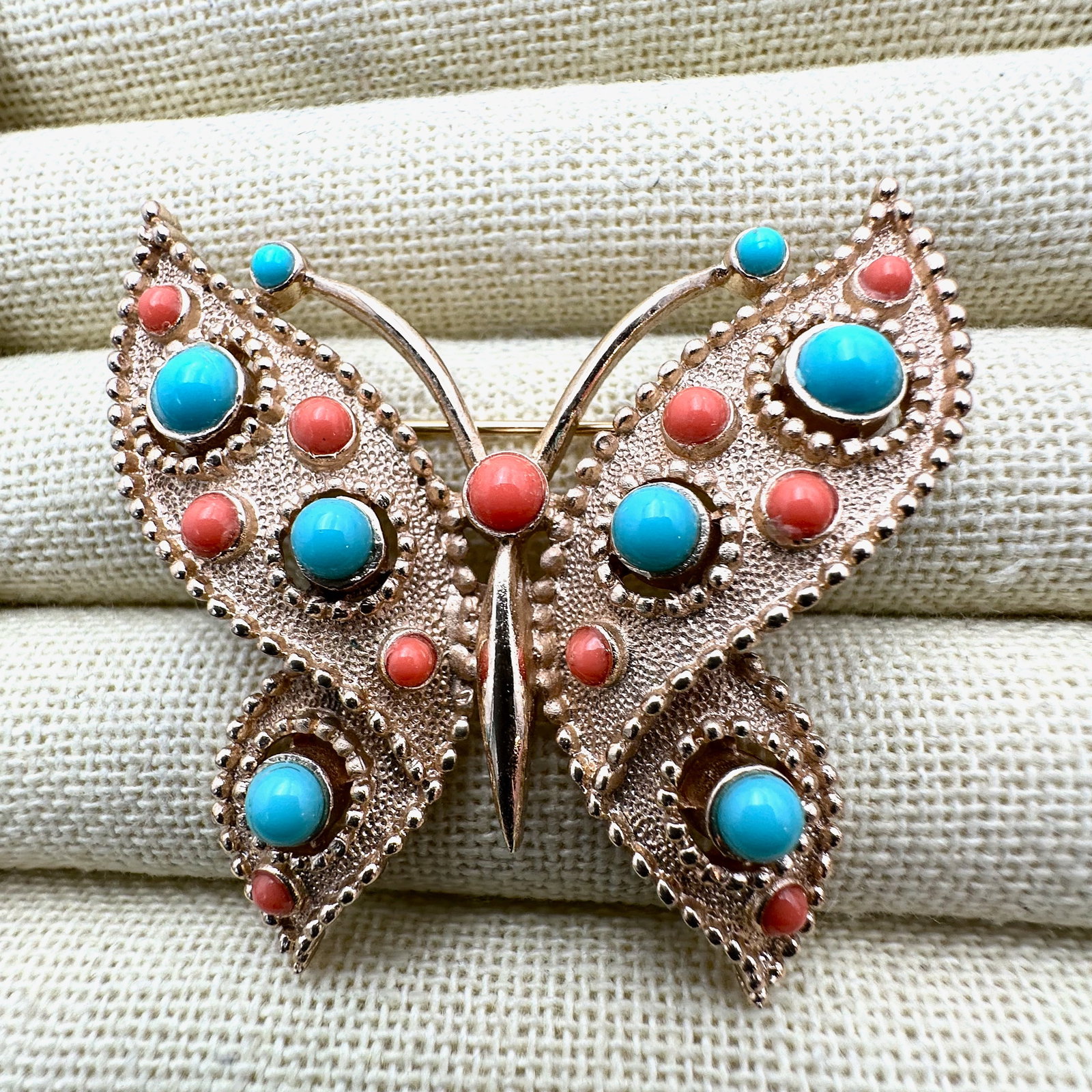 Vintage Trifari Coral and Blue Cabochon Gold Tone Butterfly Brooch Pin 2 Inch: Vintage Trifari Coral and Blue Cabochon Gold Tone Butterfly Brooch Pin 2 Inch