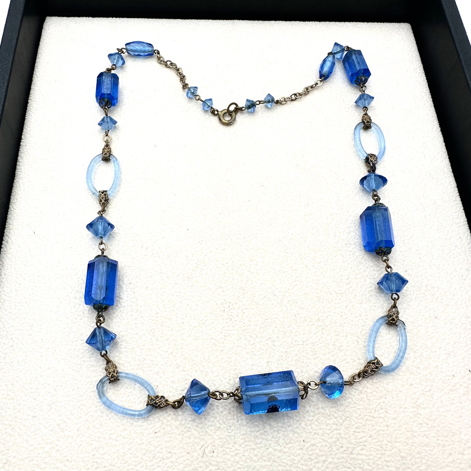 Antique Art Deco Blue Glass Gold Tone Necklace 18 Inch: Antique Art Deco Blue Glass Gold Tone Necklace 18 Inch