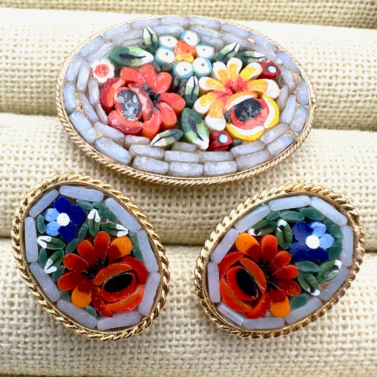Vintage Italian Micro Mosaic Glass Brooch and Clip Earrings (1 of 2)