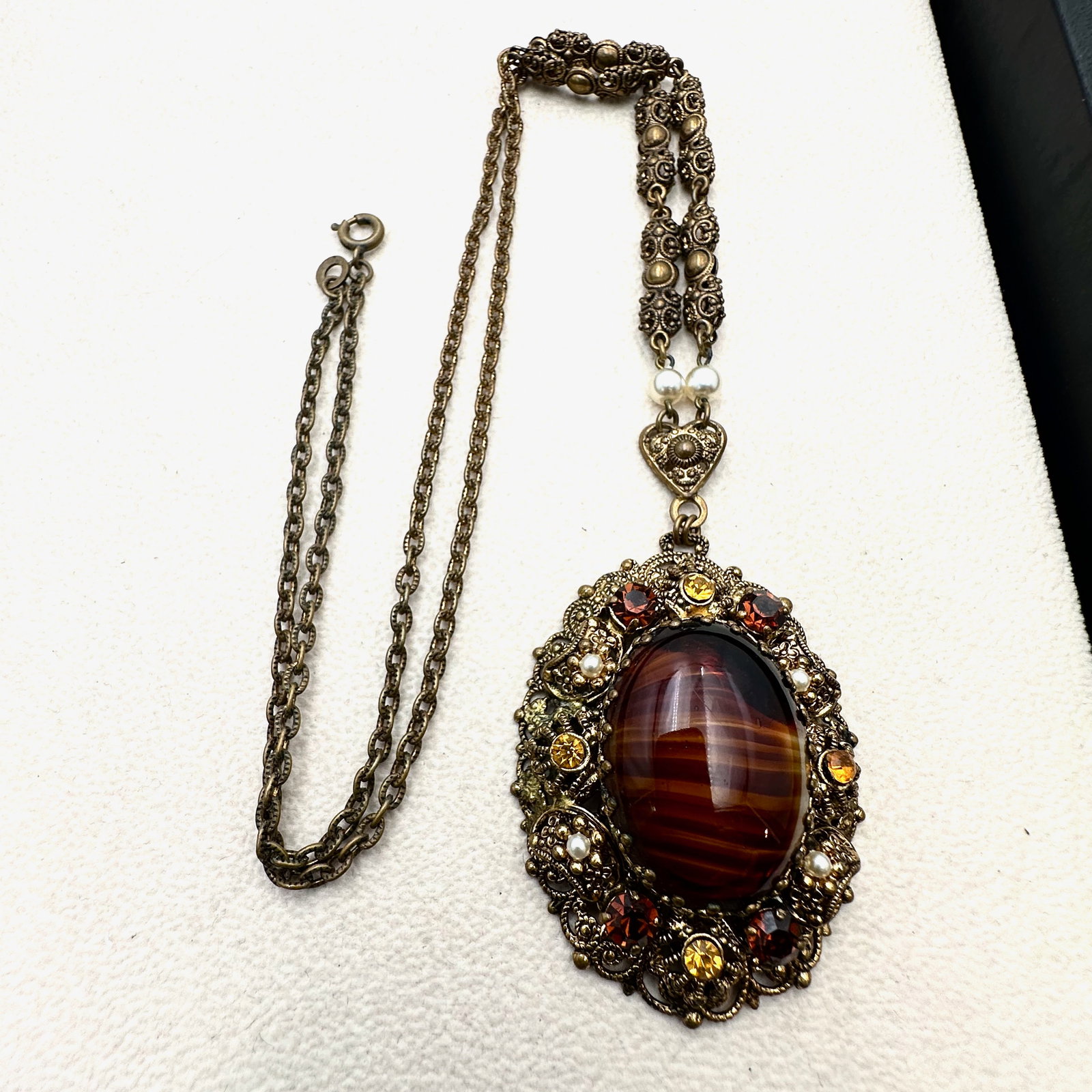 Vintage West Germany Amber Colored Slag Glass and Rhinestone Gold Tone Pendant Necklace: Vintage West Germany Amber Colored Slag Glass and Rhinestone Gold Tone Pendant Necklace