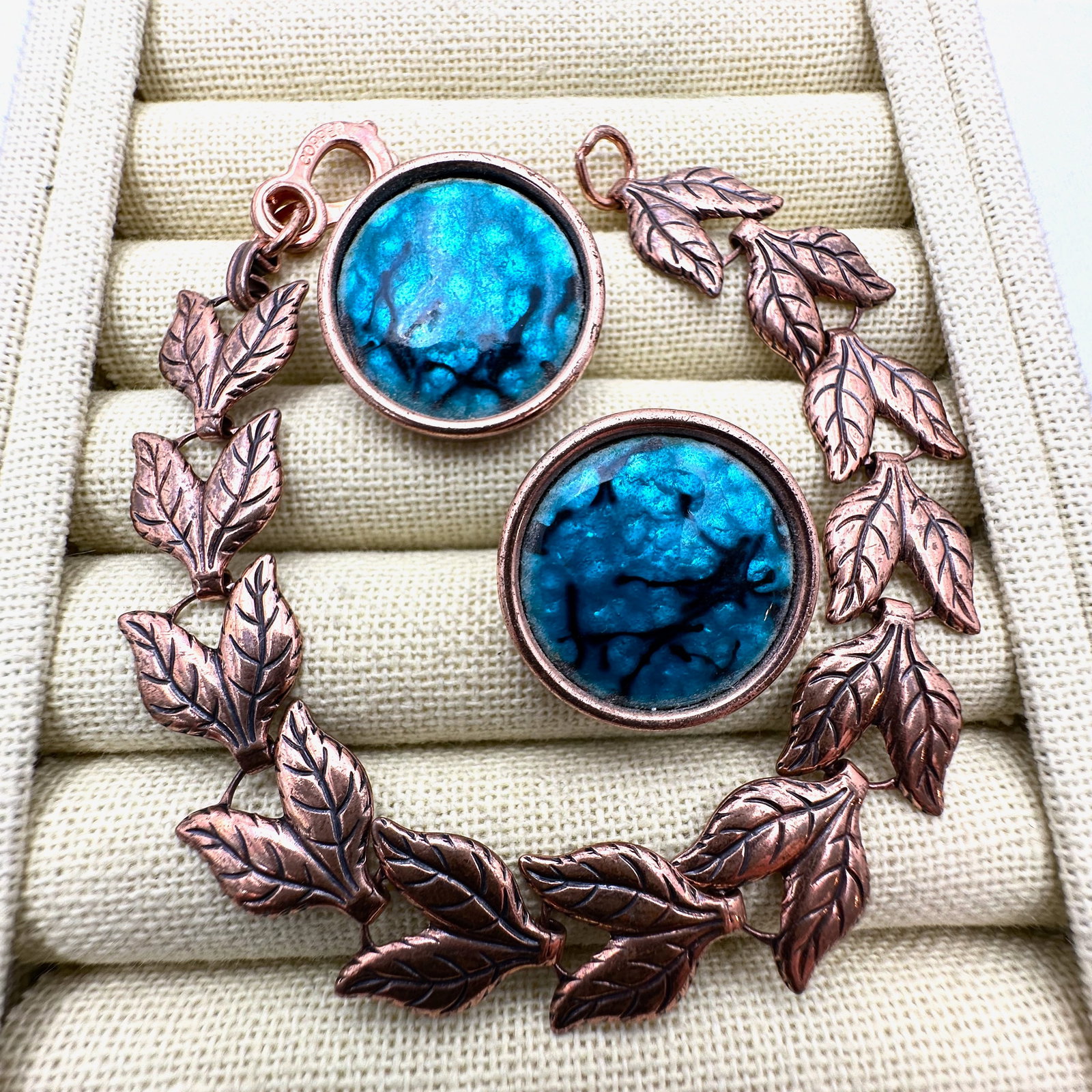 Vintage Renoir Blue Enamel Copper Clip Earrings and Unsigned Copper Bracelet 7.5 Inch: Vintage Renoir Blue Enamel Copper Clip Earrings and Unsigned Copper Bracelet 7.5 Inch