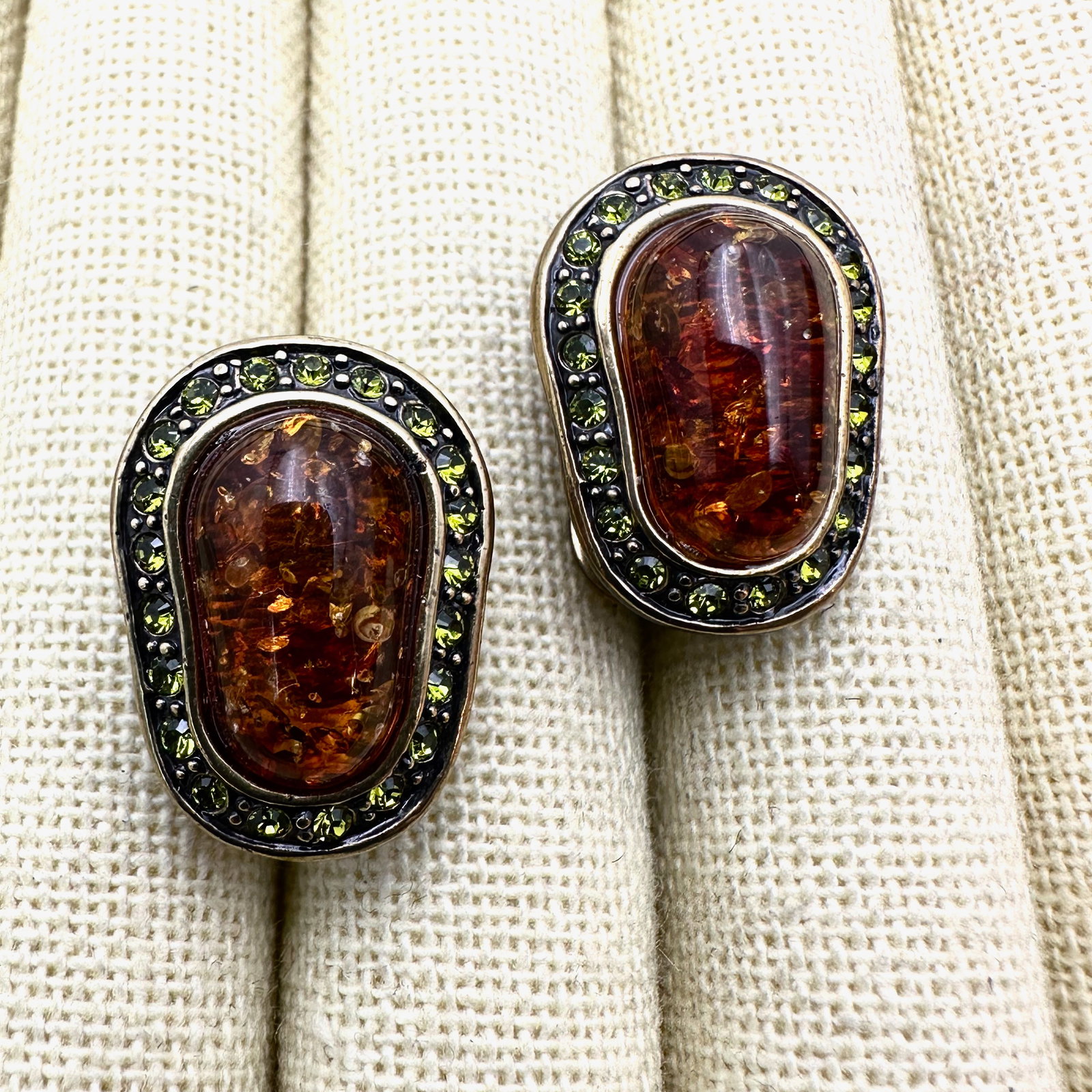 Heidi Daus Faux Amber and Crystal Bronze Tone Clip Earrings (1 of 2)