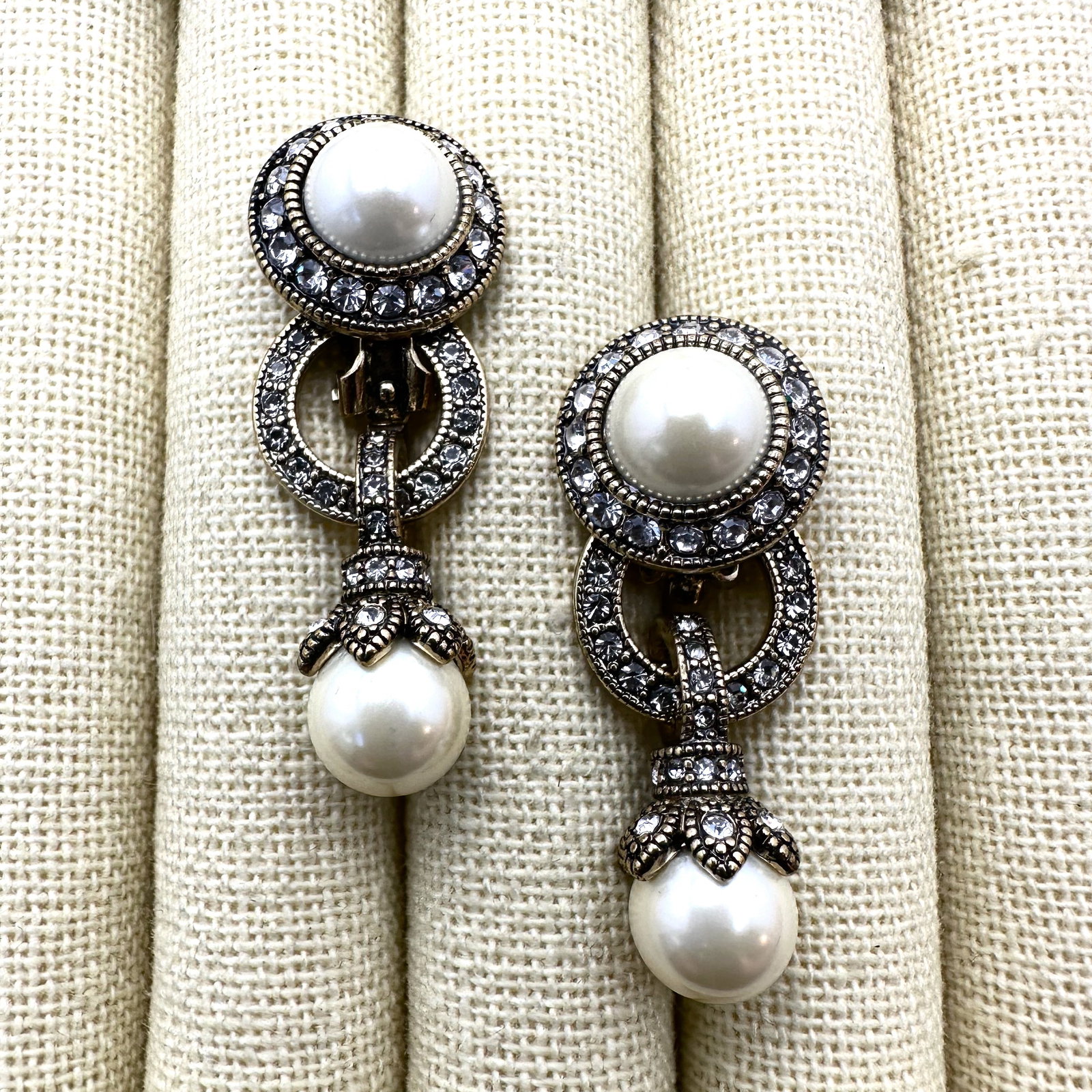 Heidi Daus Faux Pearl and Crystal Bronze Tone Clip Earrings (1 of 2)