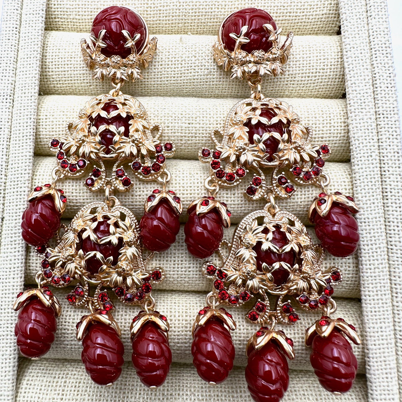 Dark Red Glass Matte Gold Tone Chandelier 4 Inch Pierced Earrings: Dark Red Glass Matte Gold Tone Chandelier 4 Inch Pierced Earrings