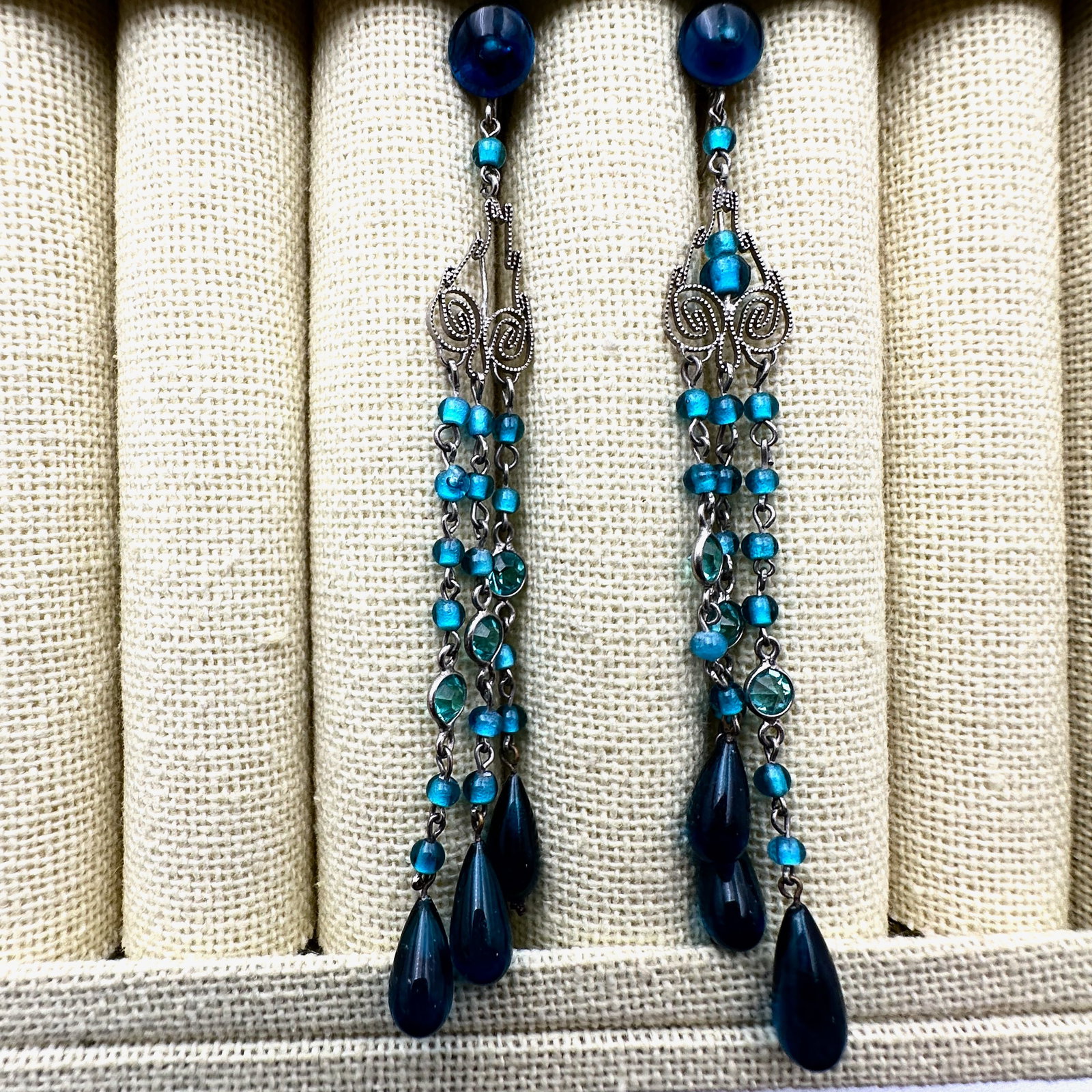 Antique Blue Glass Bead Silver Earrings 3 Inch Chandelier: Antique Blue Glass Bead Silver Earrings 3 Inch Chandelier