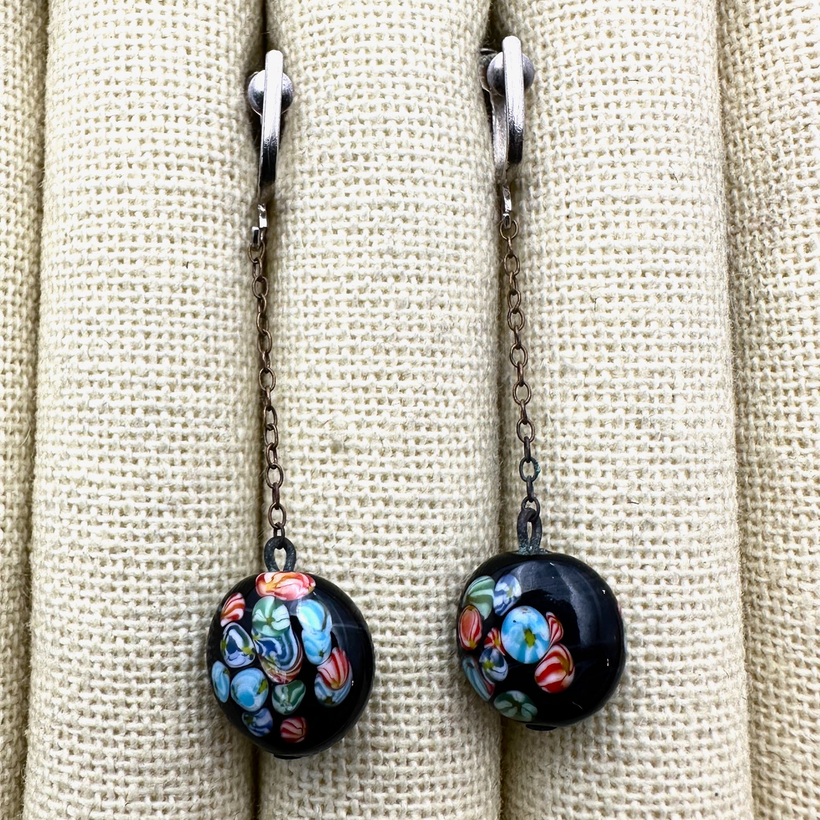 Vintage Millefiori Glass Bead Silver Tone Earrings: Vintage Millefiori Glass Bead Silver Tone Earrings