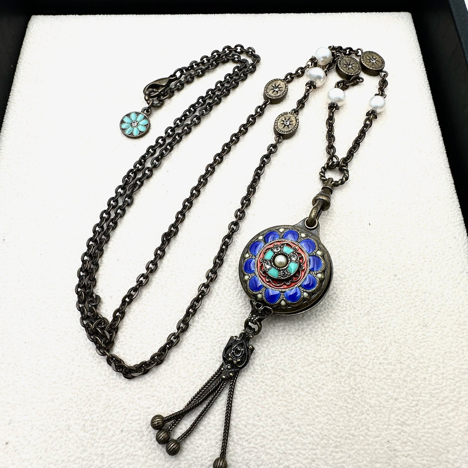 Sweet Romance Enamel Mirror Pendant Bronze Tone Necklace 30 Inch Length: Sweet Romance Enamel Mirror Pendant Bronze Tone Necklace 30 Inch Length