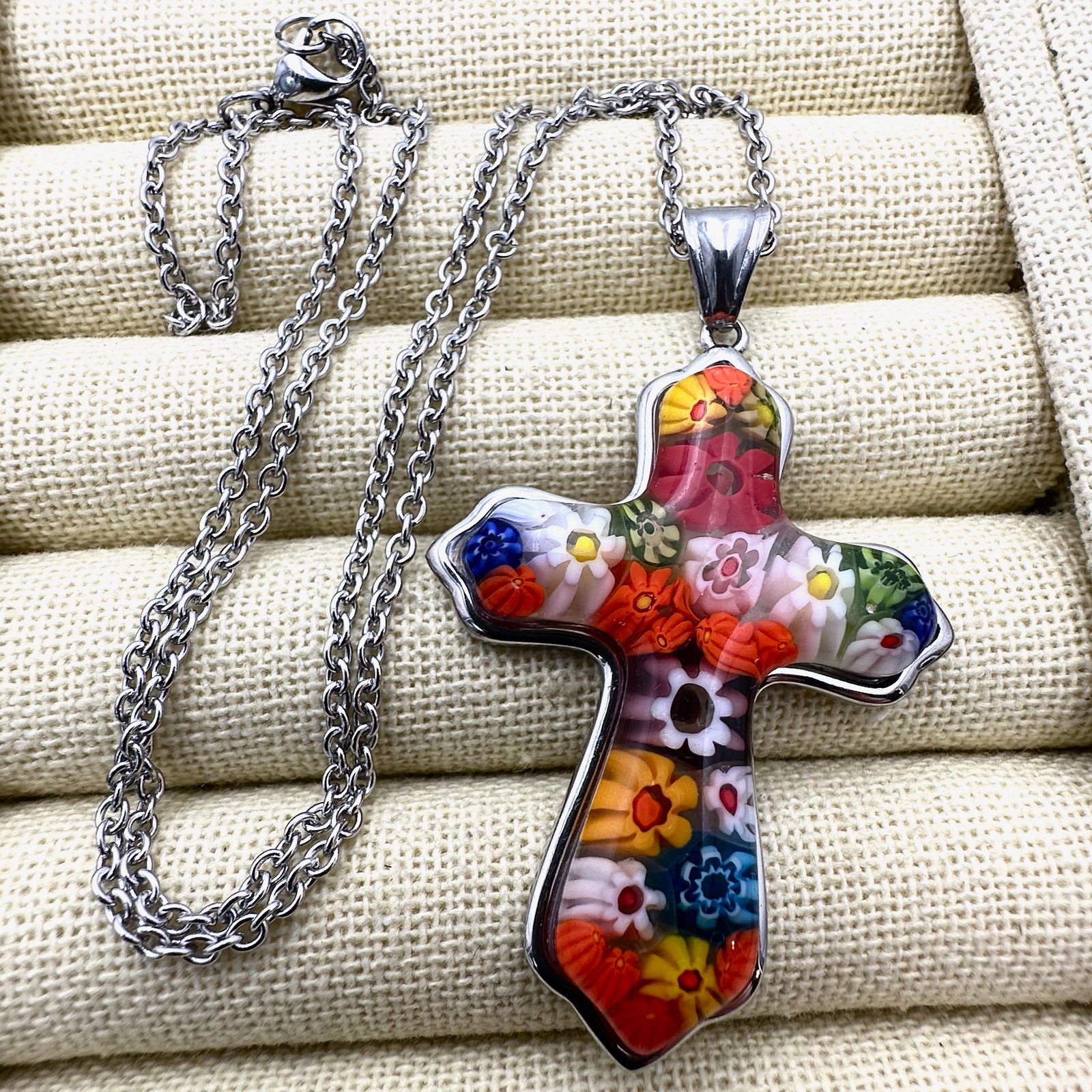 Italian Millefiori Glass Cross Pendant Necklace Silver Tone20 Inch Chain: Italian Millefiori Glass Cross Pendant Necklace Silver Tone20 Inch Chain