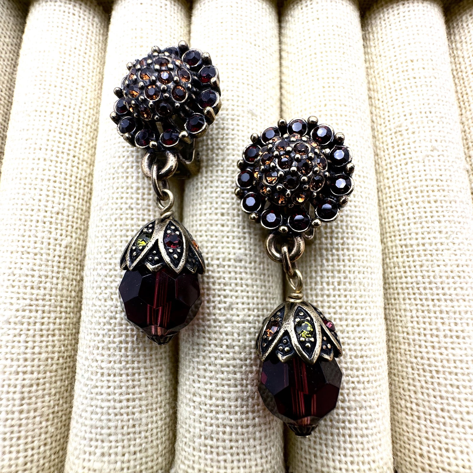 Heidi Daus Amber Colored and Purple Crystal Bronze Tone Clip Earrings (1 of 2)