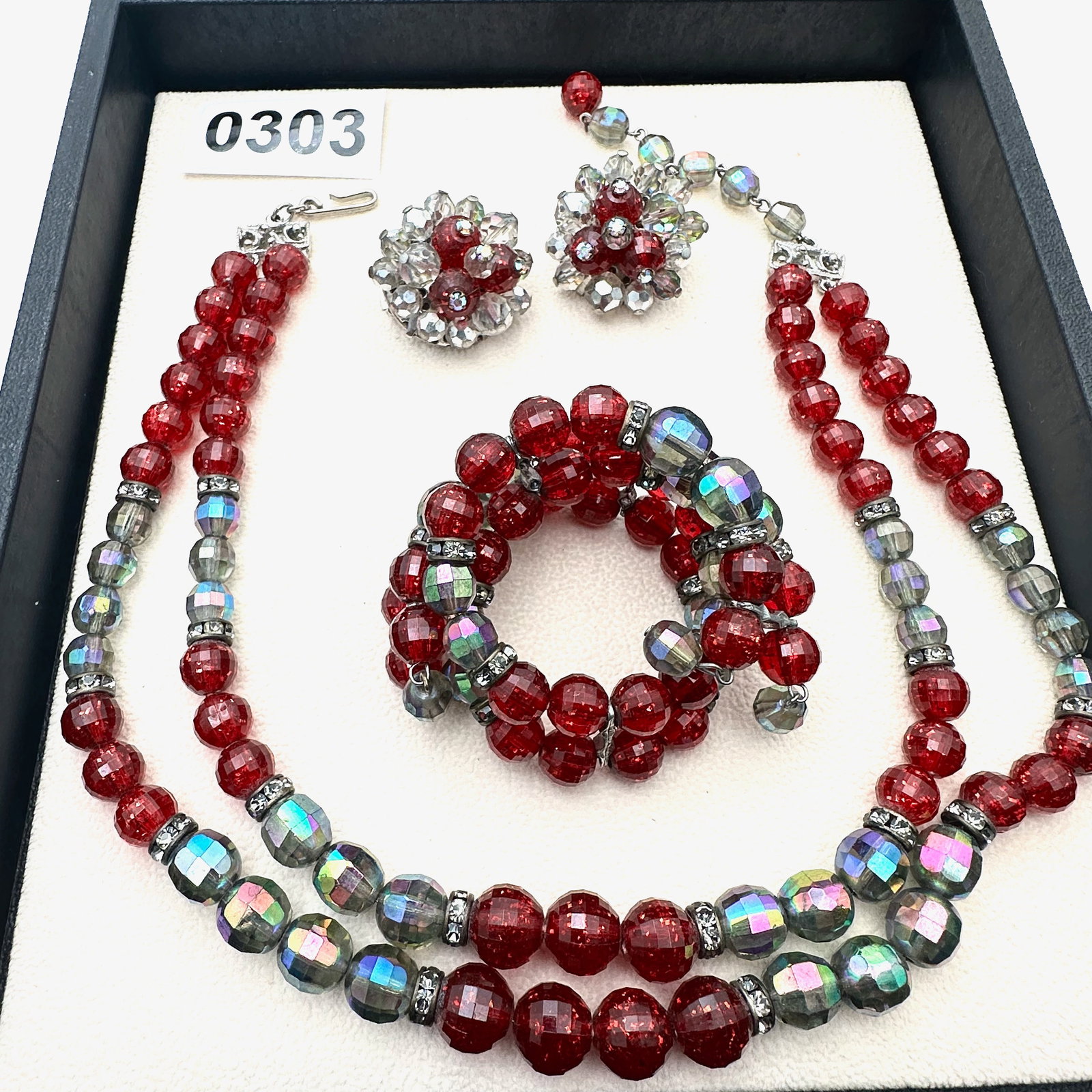 Vintage Hobe' Grey Aurora Borealis and Red Bead Necklace Coil bracelet and Clip Earrings Set: Vintage Hobe' Grey Aurora Borealis and Red Bead Necklace Coil bracelet and Clip Earrings Set