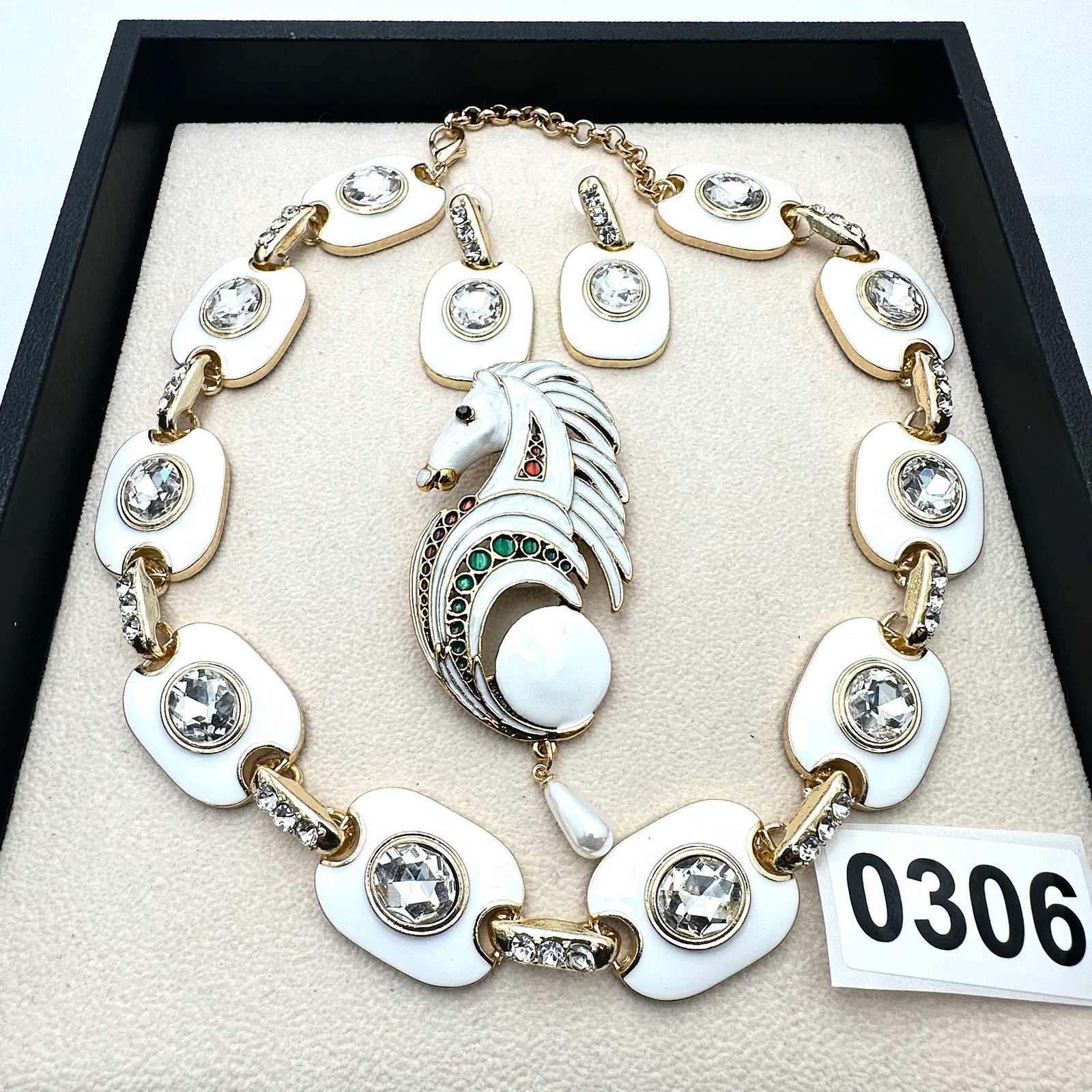 White Enamel and Crystal Statement Necklace and Pierced Earrings Set Horse Brooch Pin (1 of 2)