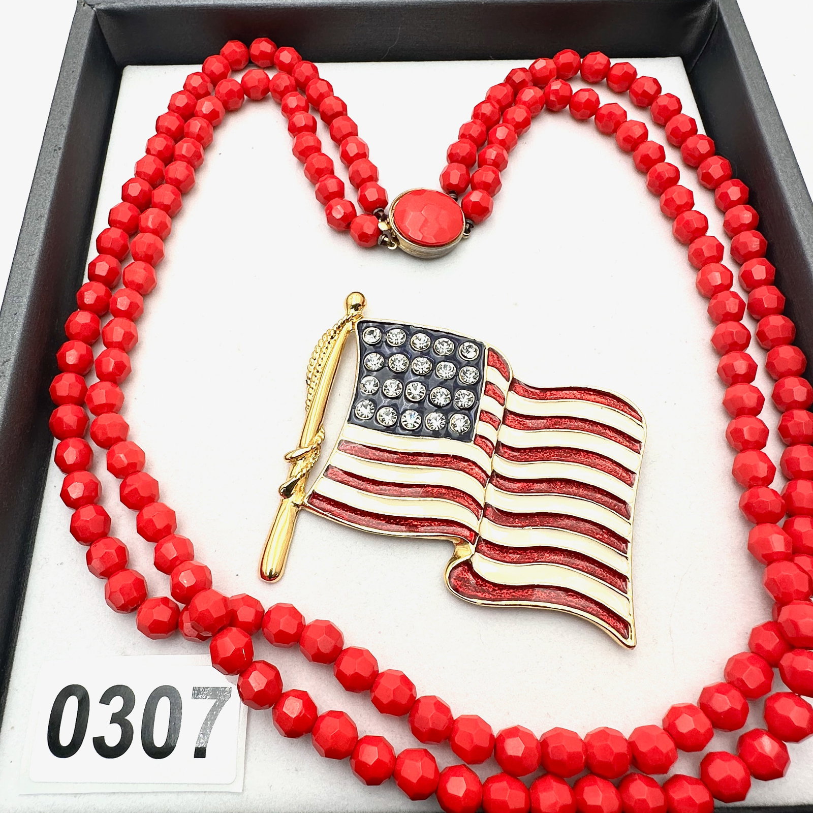 Vintage Red Glass Bead Double Strand Necklace & Large Enamel Crystal American Flag Brooch Pin (1 of 2)