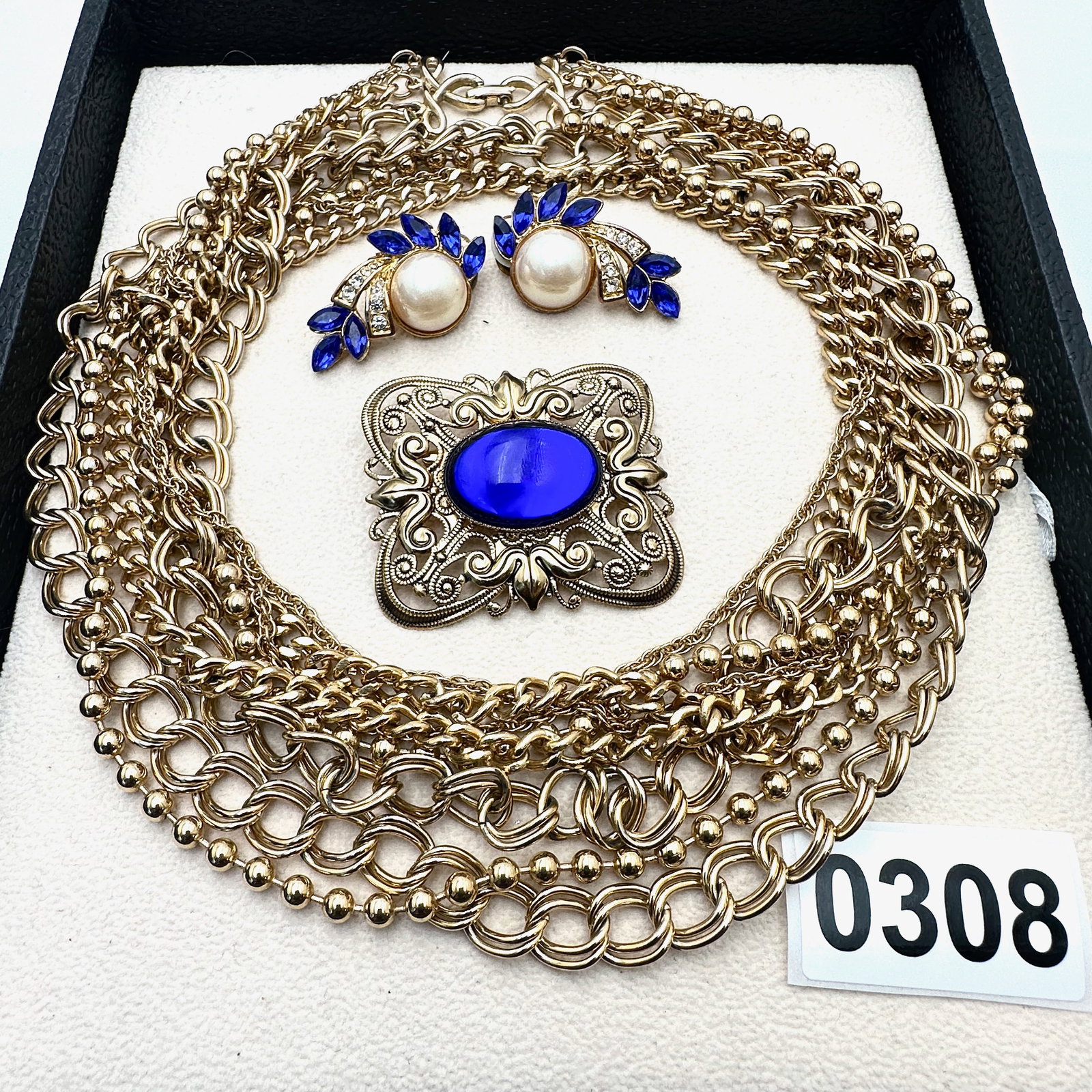 Vintage Gold Tone Multi Strand Necklace Royal Blue Clip Earrings and Coordinating Brooch Pin (1 of 2)
