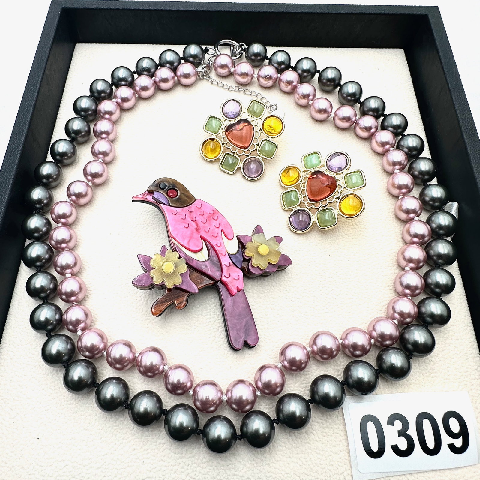 Pink and Grey Glass Faux Pearl necklaces Lucite Bird Brooch Pin Pierced Multicolor Gold Tone: Pink and Grey Glass Faux Pearl necklaces Lucite Bird Brooch Pin Pierced Multicolor Gold Tone Earrings