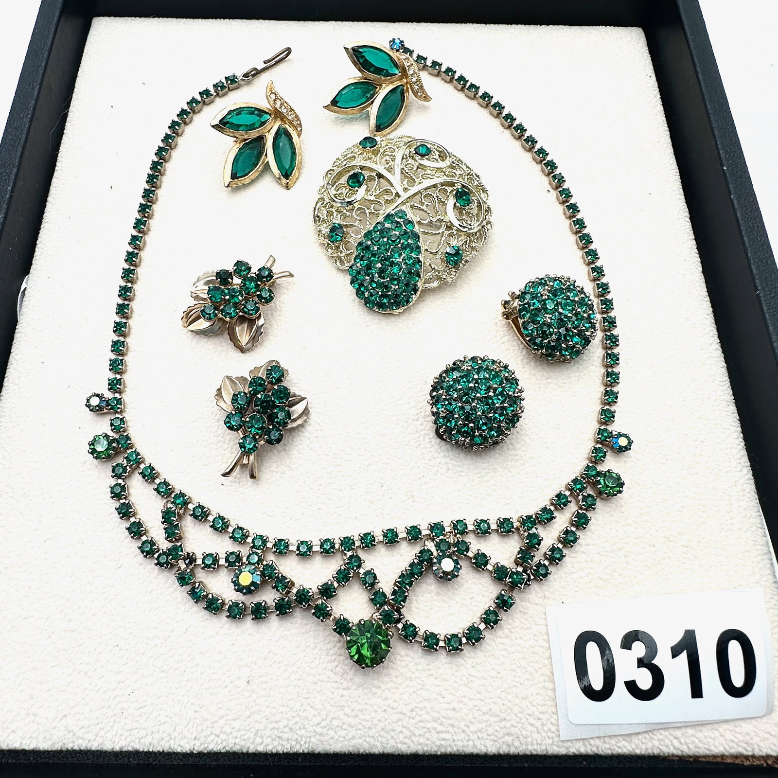 Vintage Jomaz Green Rhinestone Earrings Scatter Pins Rhinetone Necklace: Vintage Jomaz Green Rhinestone Earrings Scatter Pins Rhinetone Necklace