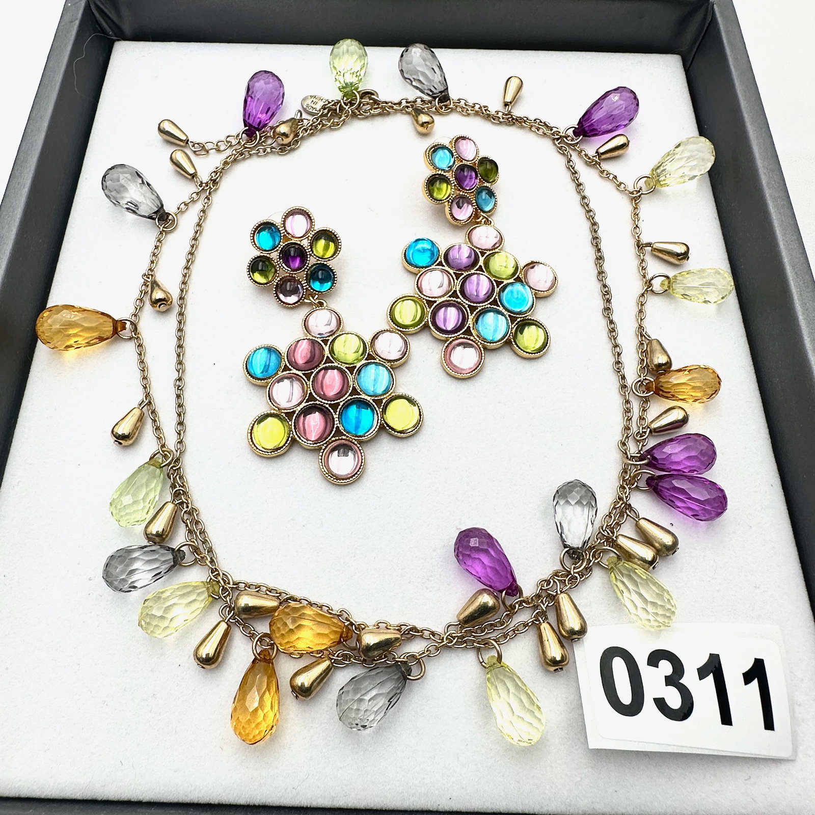Purple Amber and Yellow Briolette Gold Tone Necklace Coordinating Pierced Chandelier Earrings: Purple Amber and Yellow Briolette Gold Tone Necklace Coordinating Pierced Chandelier Earrings