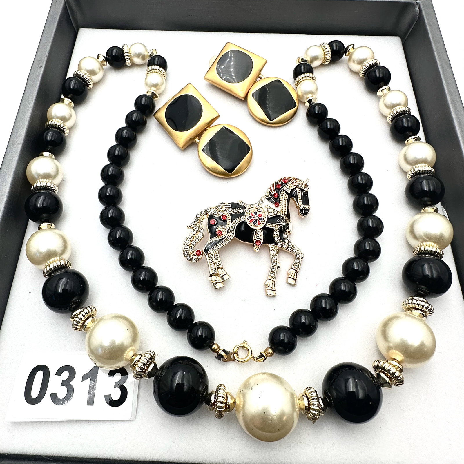 Faux Pearl and Black Bead Necklace Horse Brooch Unsigned Anne Klein Matte Gold Tone Clip Earrings: Faux Pearl and Black Bead Necklace Horse Brooch Unsigned Anne Klein Matte Gold Tone Clip Earrings