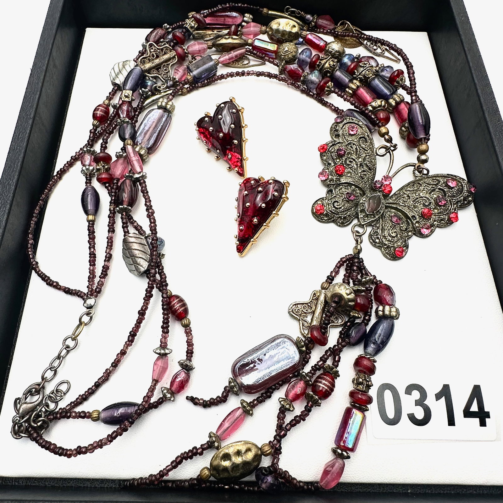 Vintage and Modern Jewelry Group Lot Butterfly Art Glass Bead Necklace Red Lucite Heart Gold Tone: Vintage and Modern Jewelry Group Lot Butterfly Art Glass Bead Necklace Red Lucite Heart Gold Tone Pierced Earrings