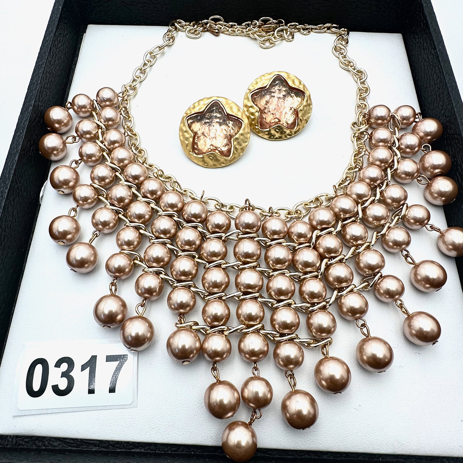 Gripoix Style Lilght Pink Star Gold Tone Pierced Earrings Faux Pink Pearl Statement Necklace: Gripoix Style Lilght Pink Star Gold Tone Pierced Earrings Faux Pink Pearl Statement Necklace