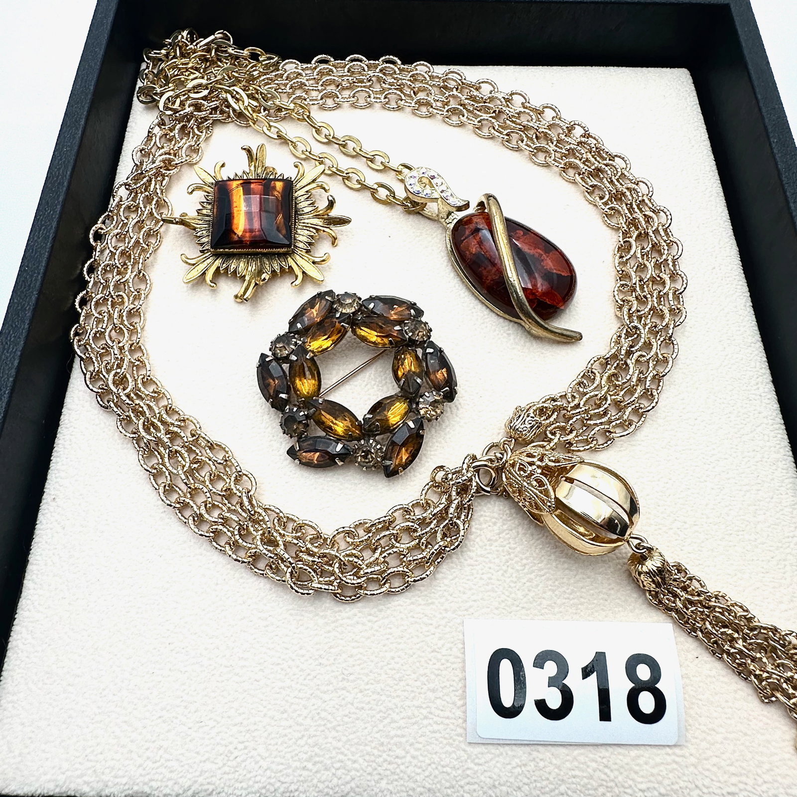 Vintage Amber Colored Rhinestone Brooches Pendant Necklaces Gold Tone (1 of 2)