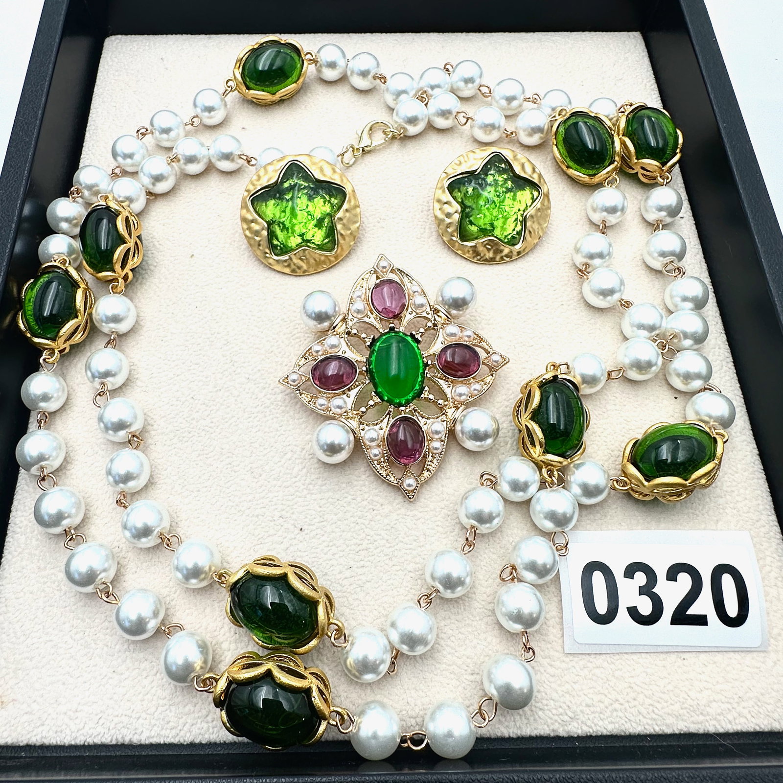 Green Glass Bead Long Length Necklace Maltese Cross Pin Brooch Green Star Pierced Earrings: Green Glass Bead Long Length Necklace Maltese Cross Pin Brooch Green Star Pierced Earrings