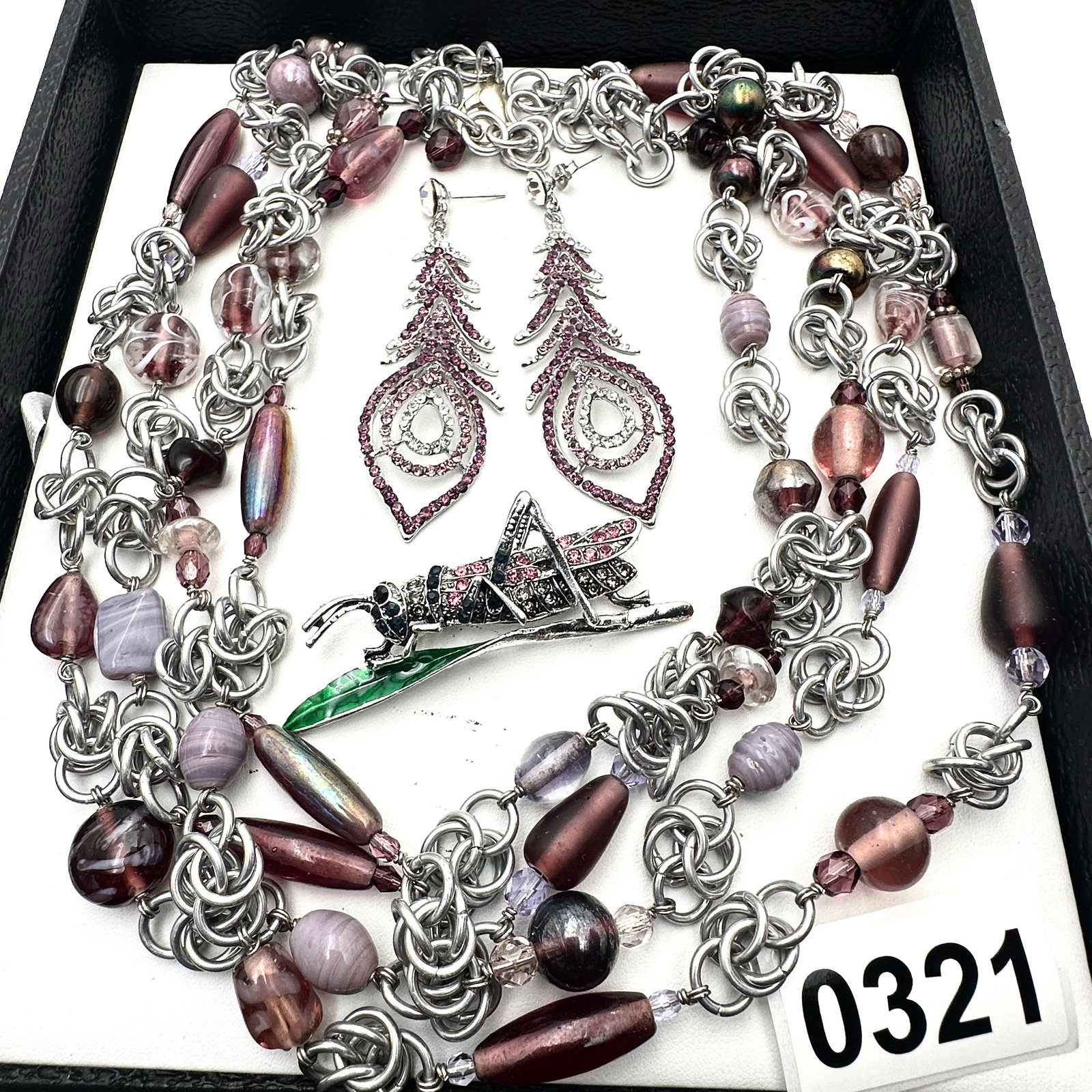 Purple Art Glass Bead Silver Tone Necklace Crystal Chandelier Pierced Earrings and Bug Brooch Pin: Purple Art Glass Bead Silver Tone Necklace Crystal Chandelier Pierced Earrings and Bug Brooch Pin
