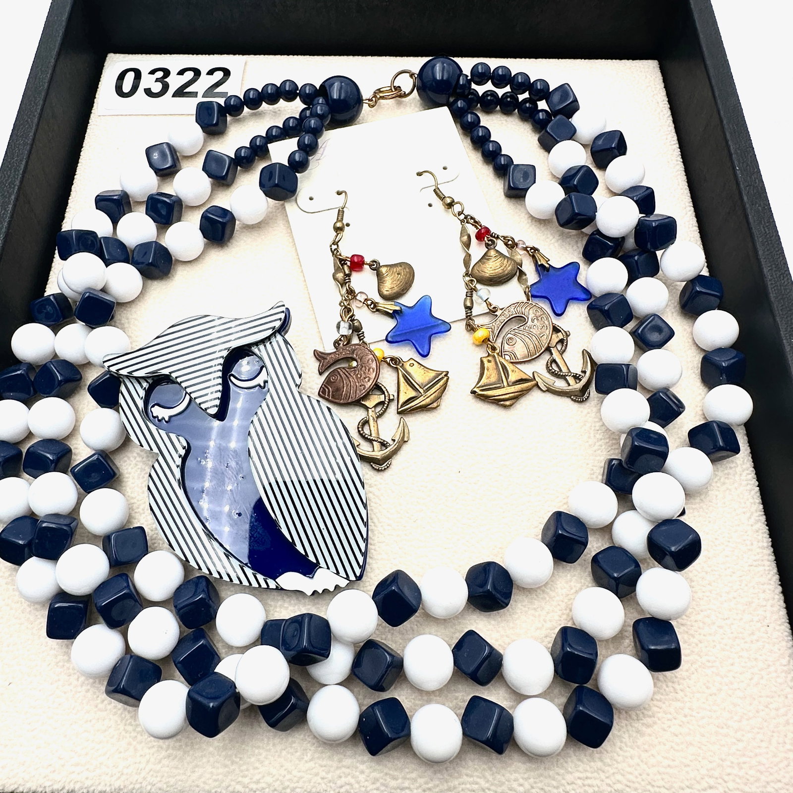 Anne Koplik Sea Side Earrings Owl Brooch Pin and Multistrand Retro Blue White Necklace: Anne Koplik Sea Side Earrings Owl Brooch Pin and Multistrand Retro Blue White Necklace