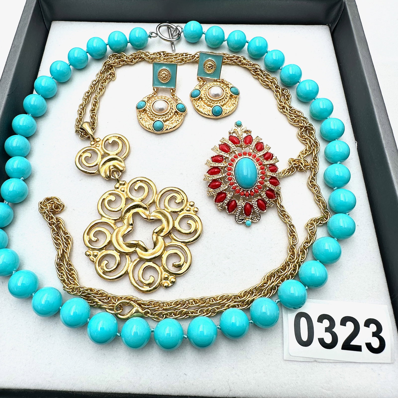 Vintage and Modern Jewelry Group Faux Turquoise Bead Necklace Earrings Brooch and Gold Tone Necklace: Vintage and Modern Jewelry Group Faux Turquoise Bead Necklace Earrings Brooch and Gold Tone Necklace
