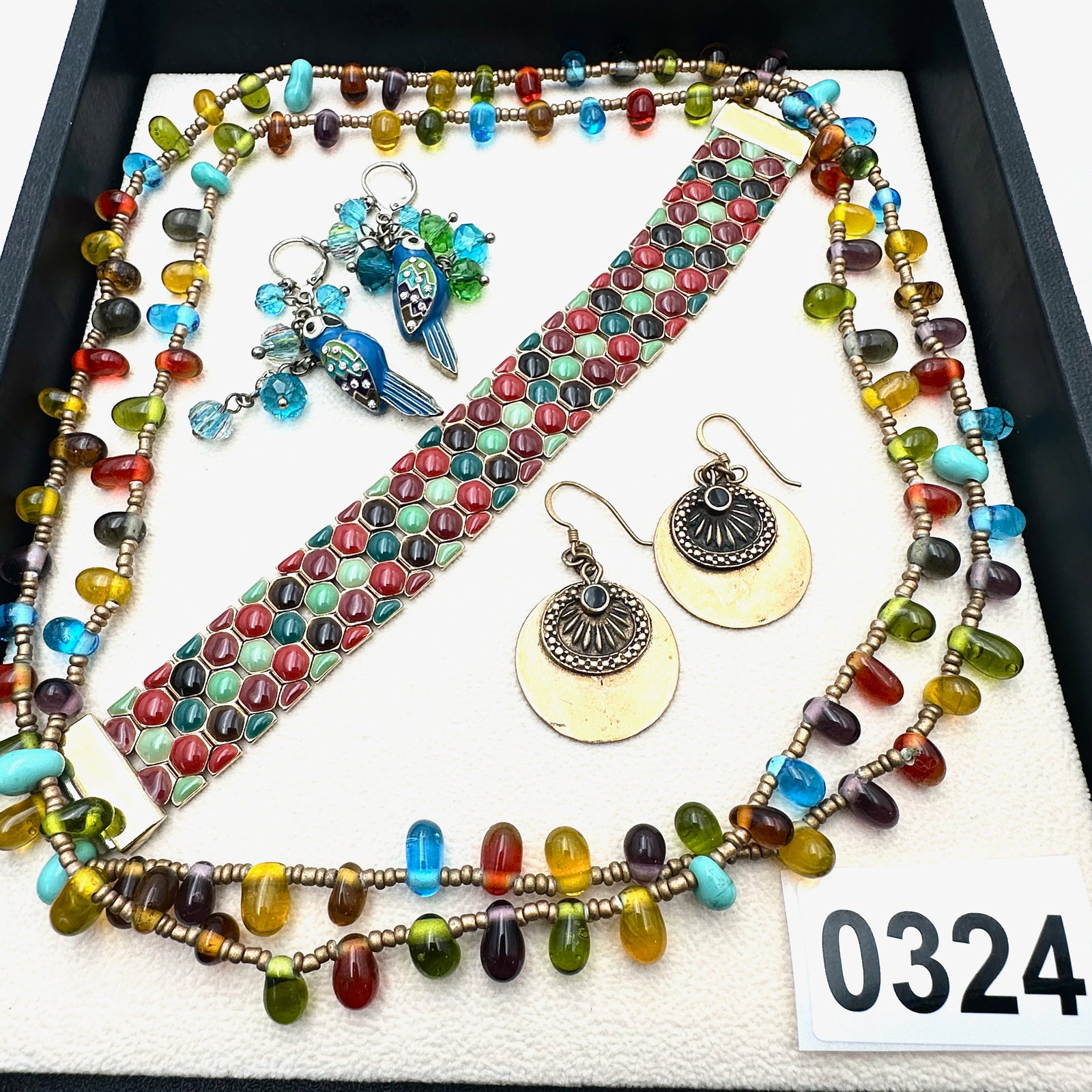 Multicolor Glass Bead Necklace Enamel Bracelet Bird Earrings and Bronze Tone Earrings: Multicolor Glass Bead Necklace Enamel Bracelet Bird Earrings and Bronze Tone Earrings