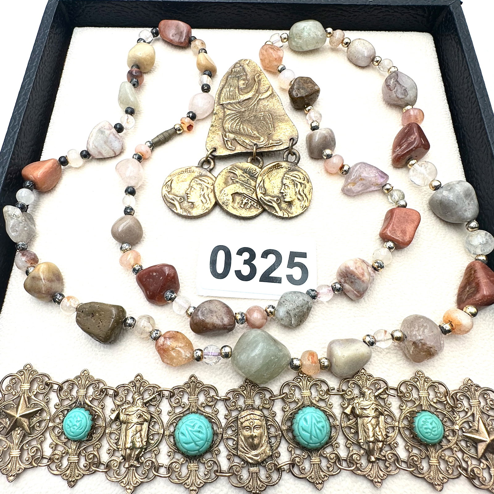 Vintage Egyptian Revival Bracelet Brooch and Stone Gemstone Necklace: Vintage Egyptian Revival Bracelet Brooch and Stone Gemstone Necklace