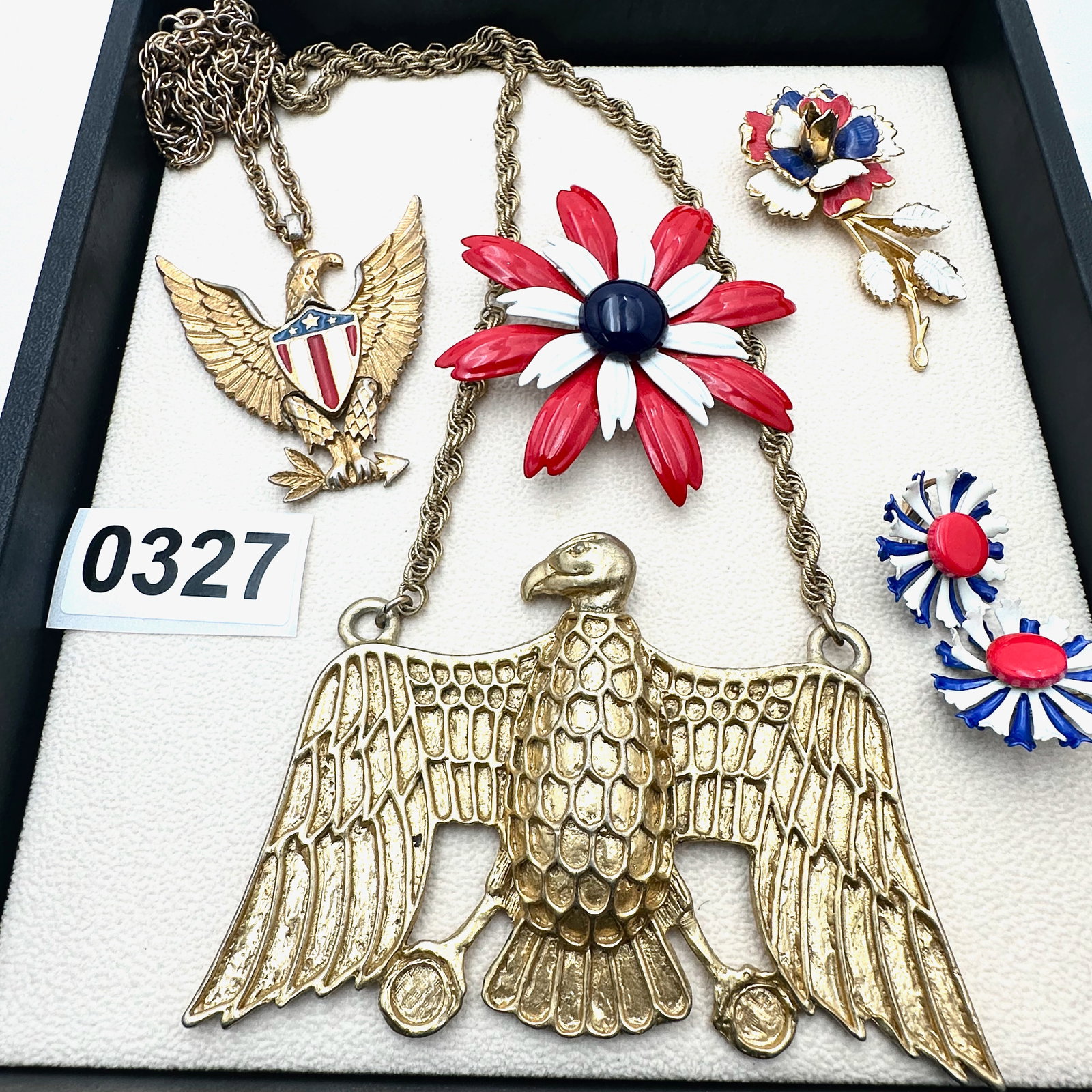 Vintage Mid Century Red White Blue Enamel Flower Brooch Earrings and Gold tone Eagle Pendant: Vintage Mid Century Red White Blue Enamel Flower Brooch Earrings and Gold tone Eagle Pendant Necklaces