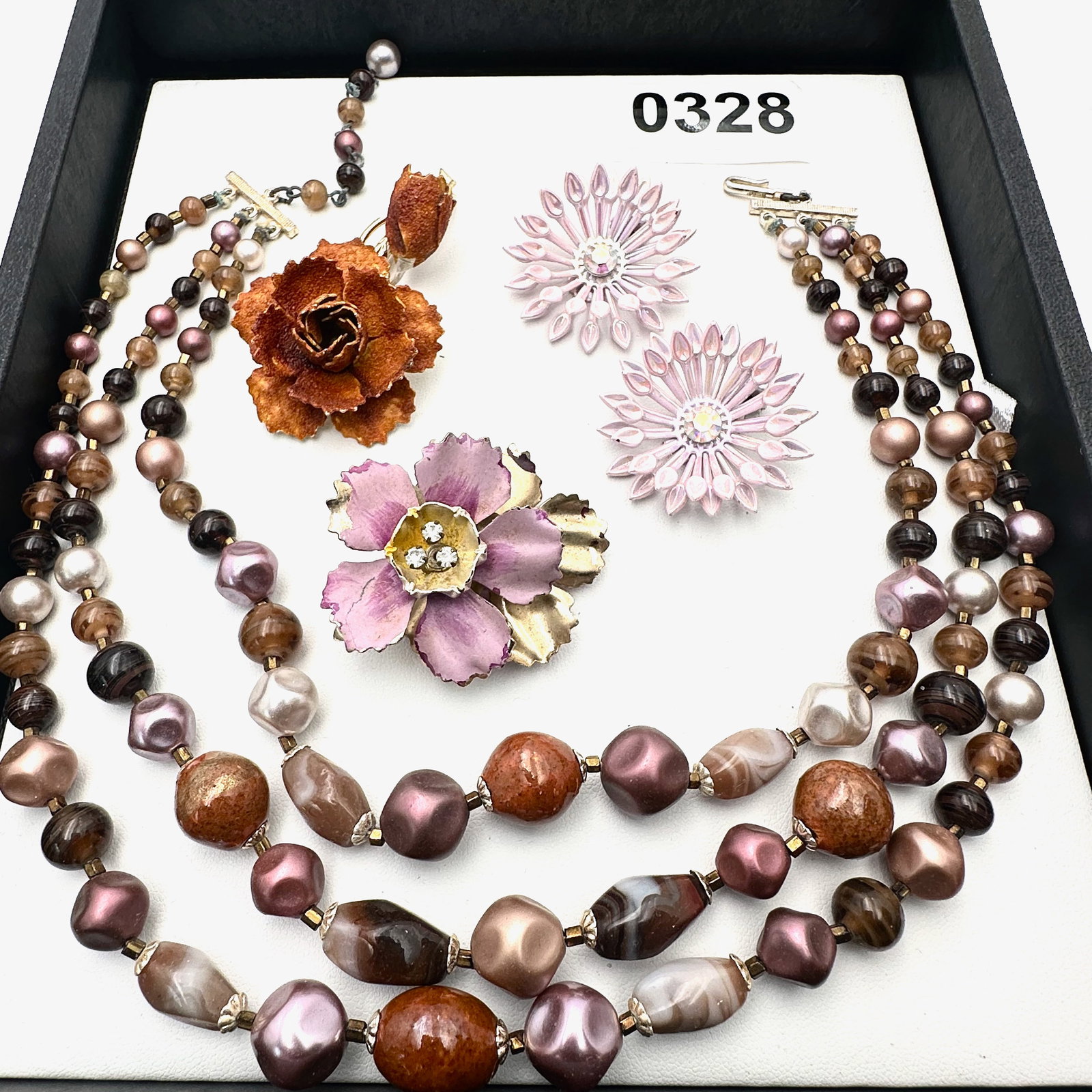 Vintage Mid Century Bead Necklace Enamel Flower Brooches and Clip Earrings: Vintage Mid Century Bead Necklace Enamel Flower Brooches and Clip Earrings