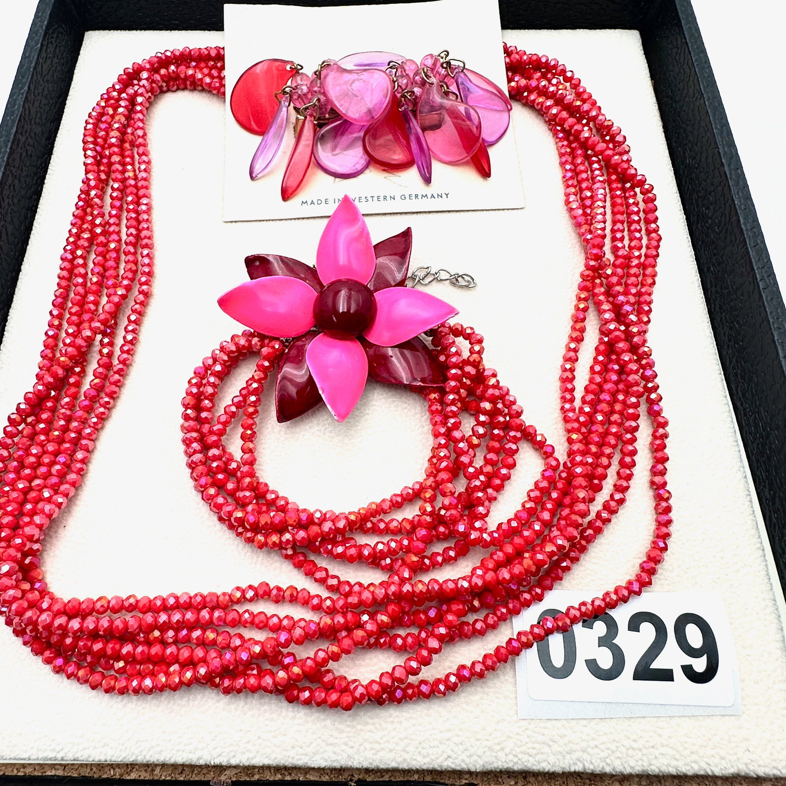 Vintage Early Plastic Earrings on Original Card West Germany Crystal Bracelet Necklace and Enamel: Vintage Early Plastic Earrings on Original Card West Germany Crystal Bracelet Necklace and Enamel Flower Pin