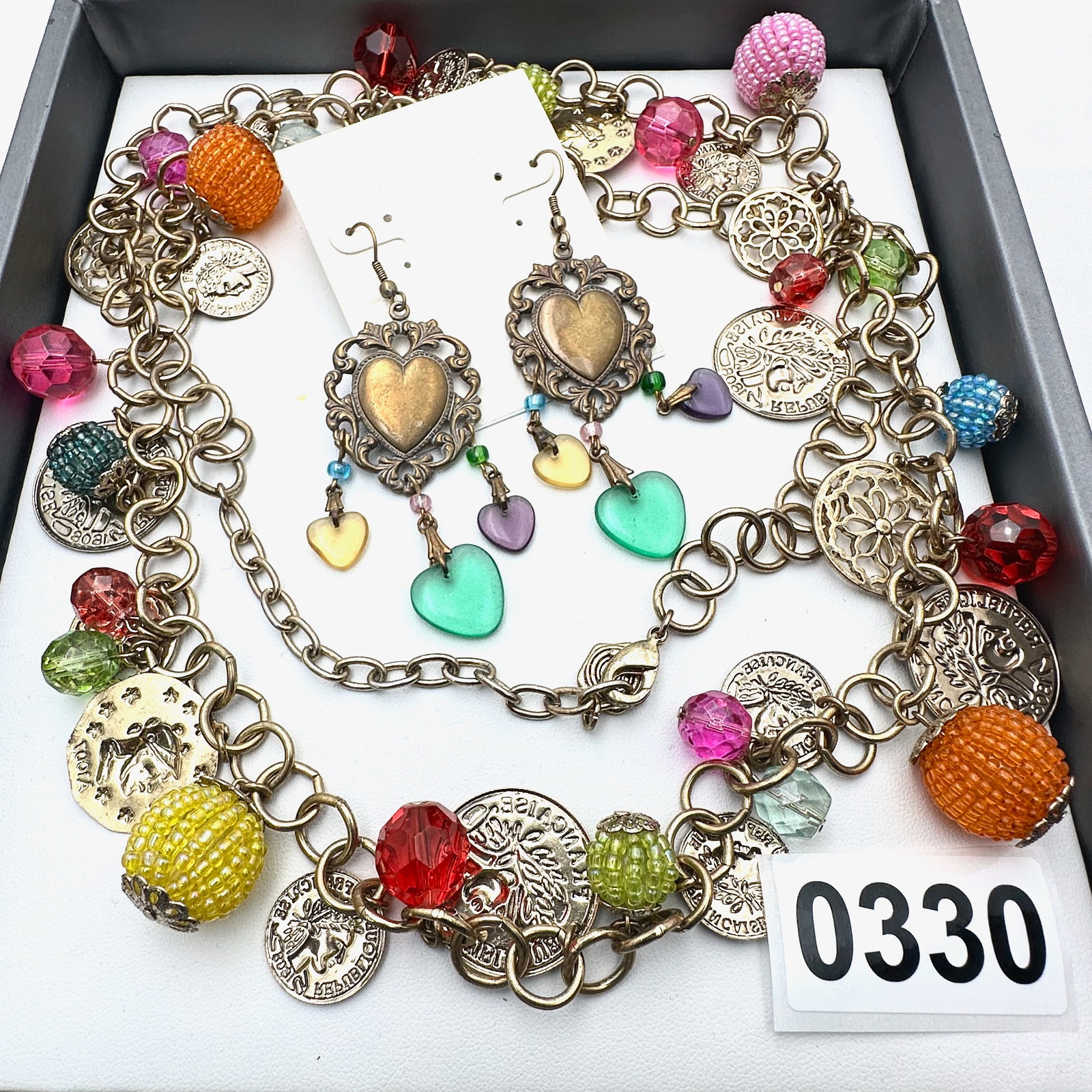 Anne Koplik Heart Chandelier Pierced Earrings Multicolor Gold Tone Coin Necklace: Anne Koplik Heart Chandelier Pierced Earrings Multicolor Gold Tone Coin Necklace