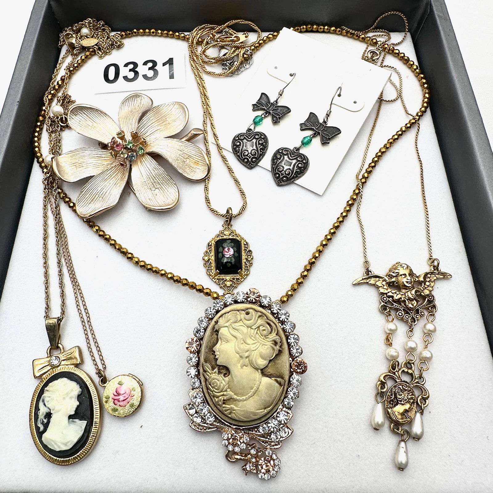 Vintage and Modern Jewelry Group Lot Cameo Necklaces Guilloche Locket and Angel Pendant Necklace and: Vintage and Modern Jewelry Group Lot Cameo Necklaces Guilloche Locket and Angel Pendant Necklace and More