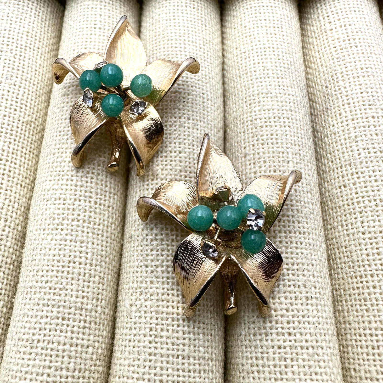 Vintage Park Lane Green Jade and Rhinestone Gold Tone Clip Earrings: Vintage Park Lane Green Jade and Rhinestone Gold Tone Clip Earrings