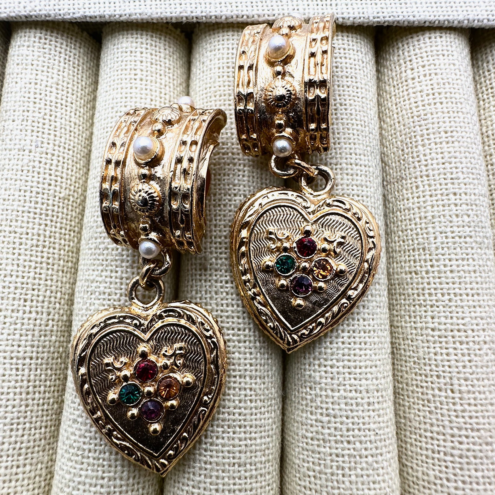 Vintage Butler and Wilson Jewel Tone Gold Tone Heart Chandelier Clip Earrings 2 Inch (1 of 2)
