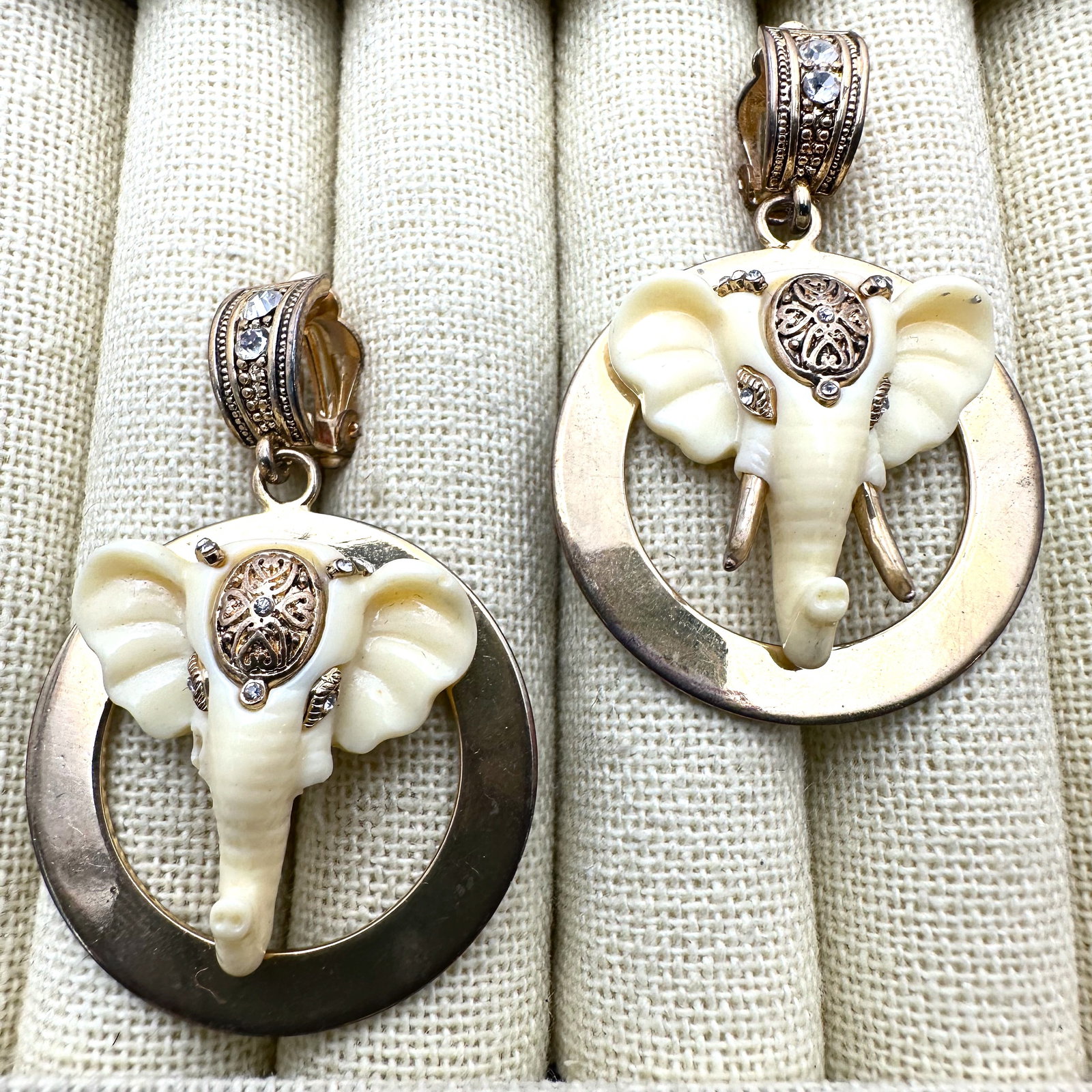 Ivory Colored Lucite Elephant Gold Tone Clip Earrings 2.5 Inch Length: Ivory Colored Lucite Elephant Gold Tone Clip Earrings 2.5 Inch Length