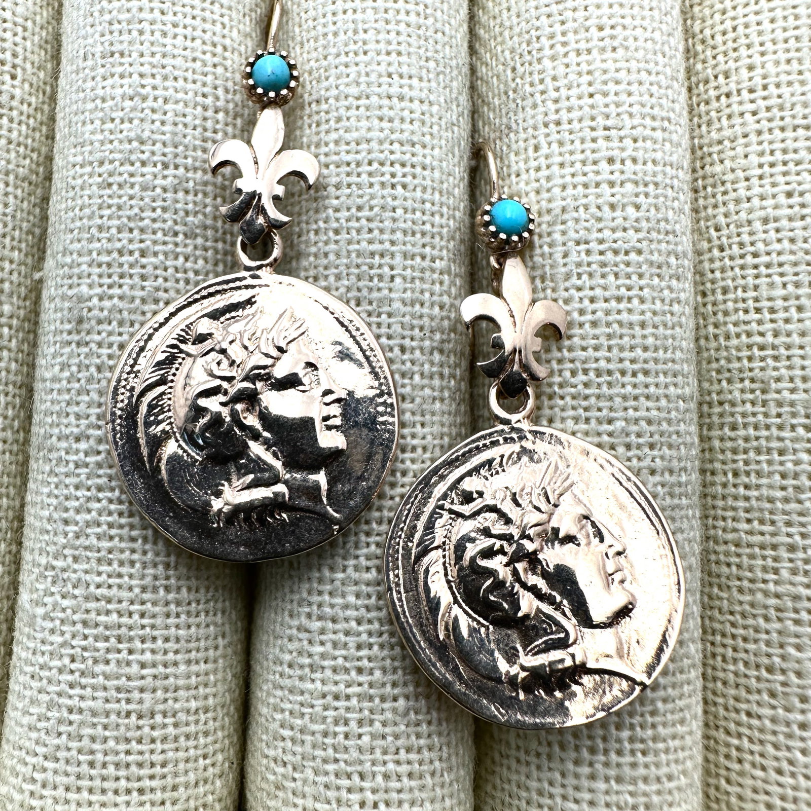 Gold Plated Faux Turquoise Ancient Coin Pierced Earrings 2 Inch: Gold Plated Faux Turquoise Ancient Coin Pierced Earrings 2 Inch