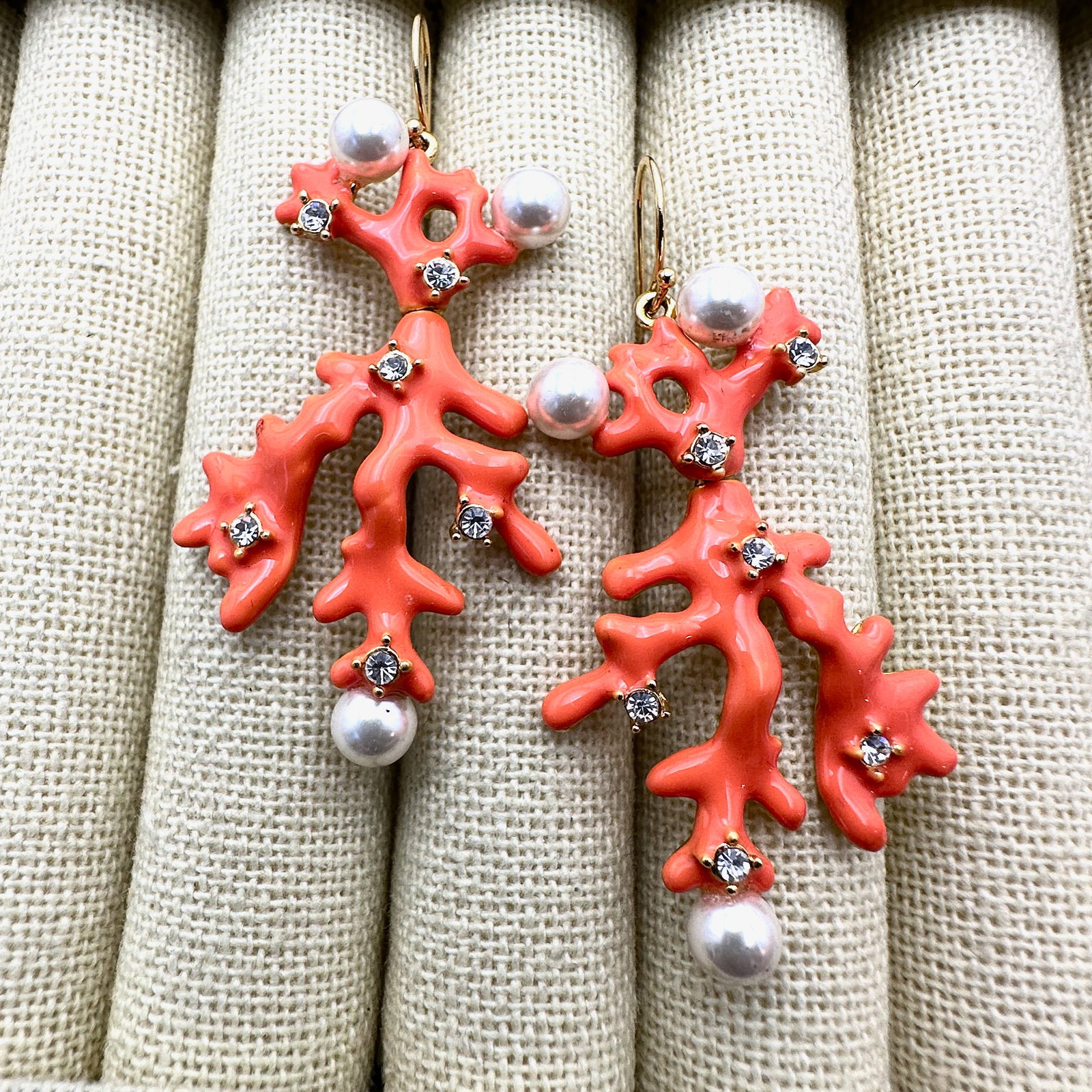 Vintage Hutton Wilson Enamel Coral Crystal and Faux Pearl Gold Tone Pierced Earrings 2.5 Inch: Vintage Hutton Wilson Enamel Coral Crystal and Faux Pearl Gold Tone Pierced Earrings 2.5 Inch