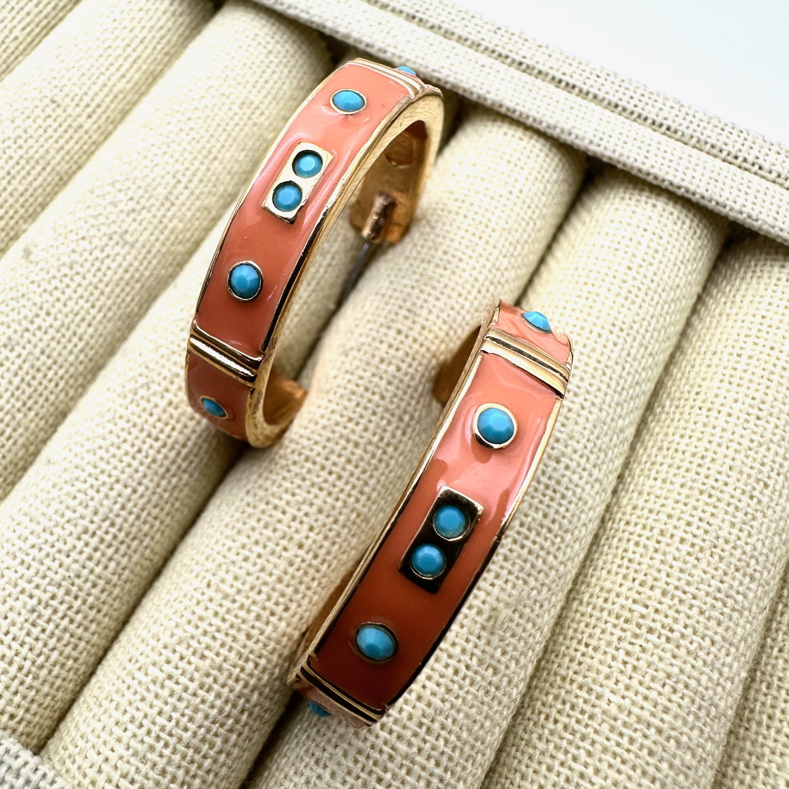 Vintage KJL Kenneth Jay Lane Coral Colored Enamel and Faux Turquoise Stones Gold Tone Pierced: Vintage KJL Kenneth Jay Lane Coral Colored Enamel and Faux Turquoise Stones Gold Tone Pierced Earrings 1.75 Inch